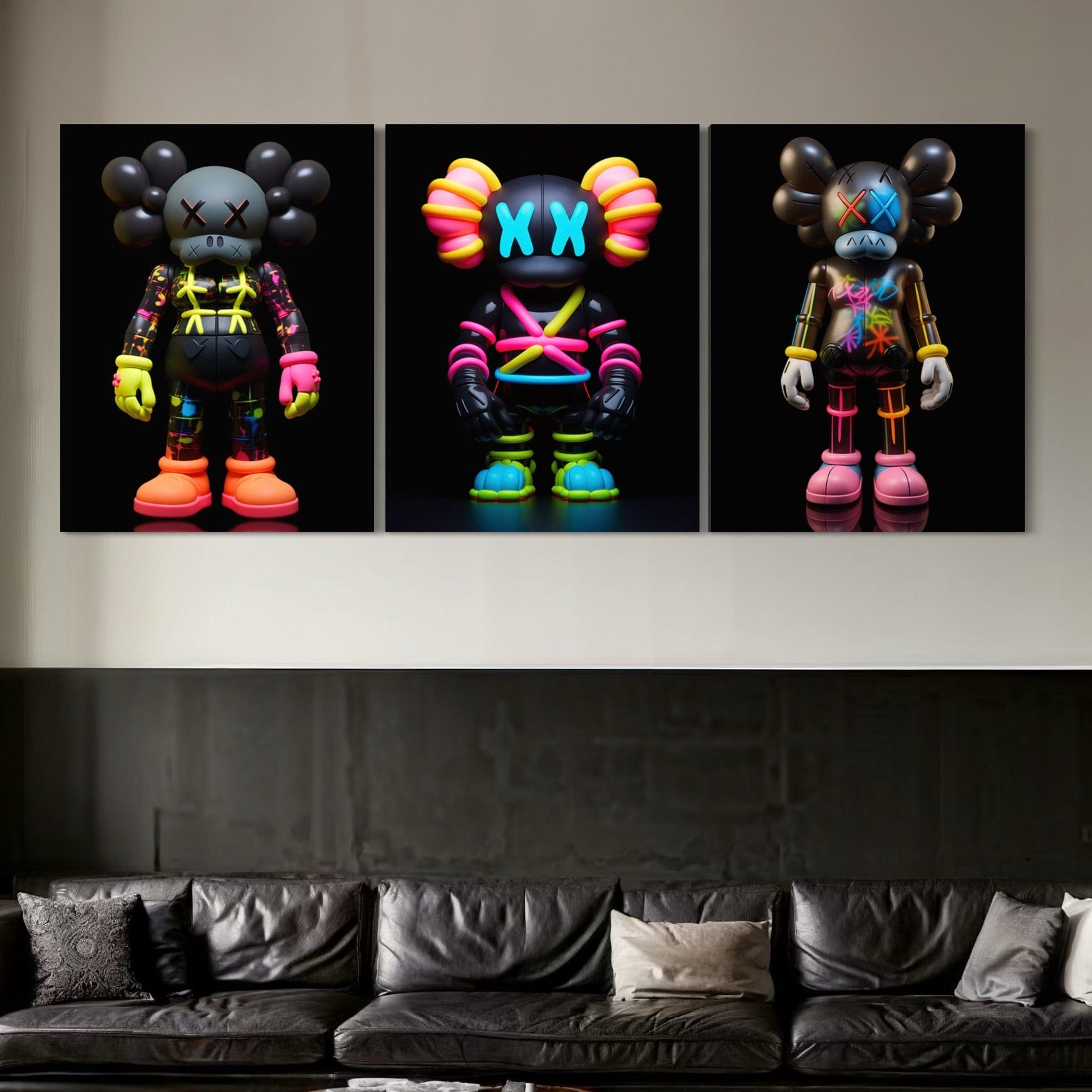 Neon Kaws 3 Piece Canvas Print Ver 3