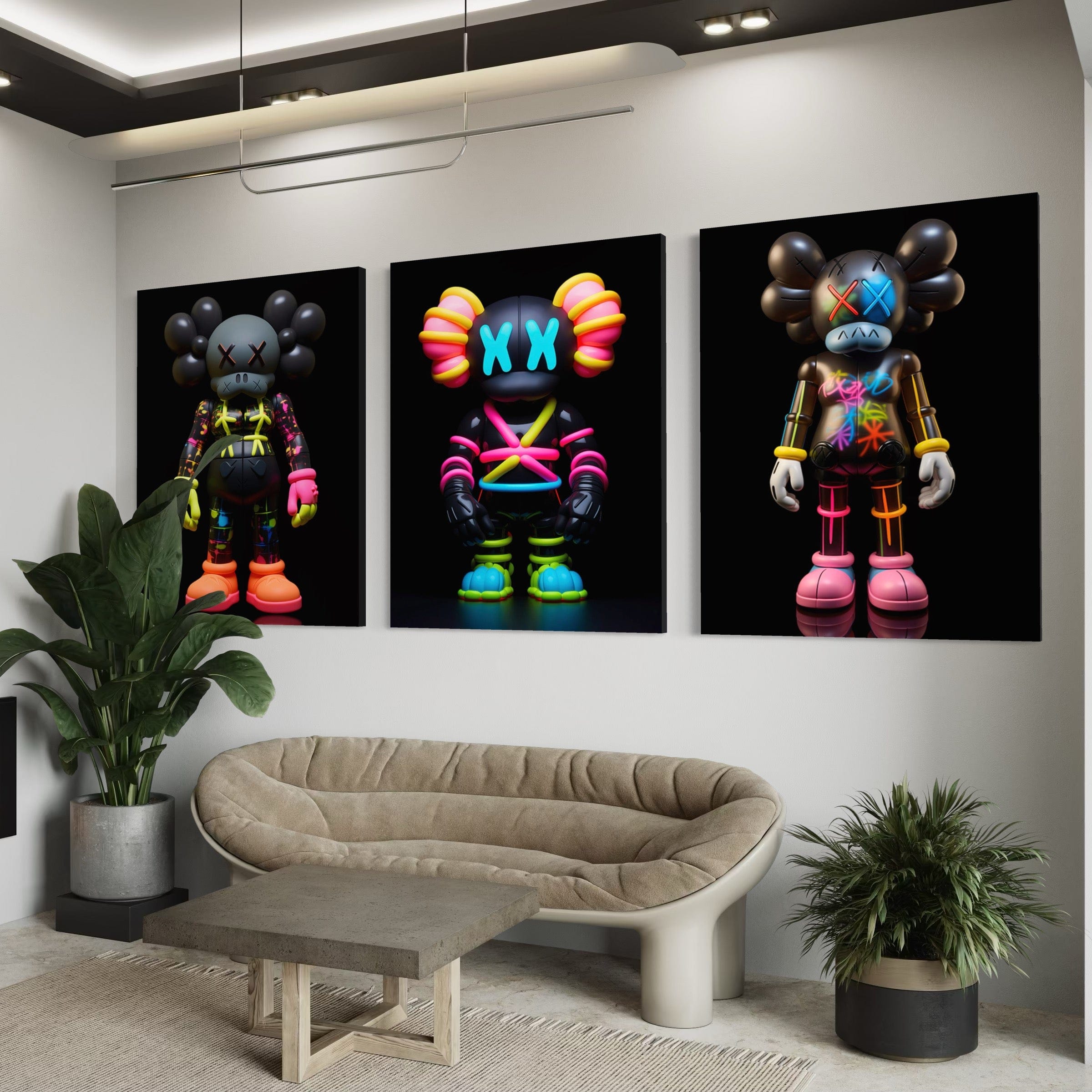 Neon Kaws 3 Piece Canvas Print Ver 3