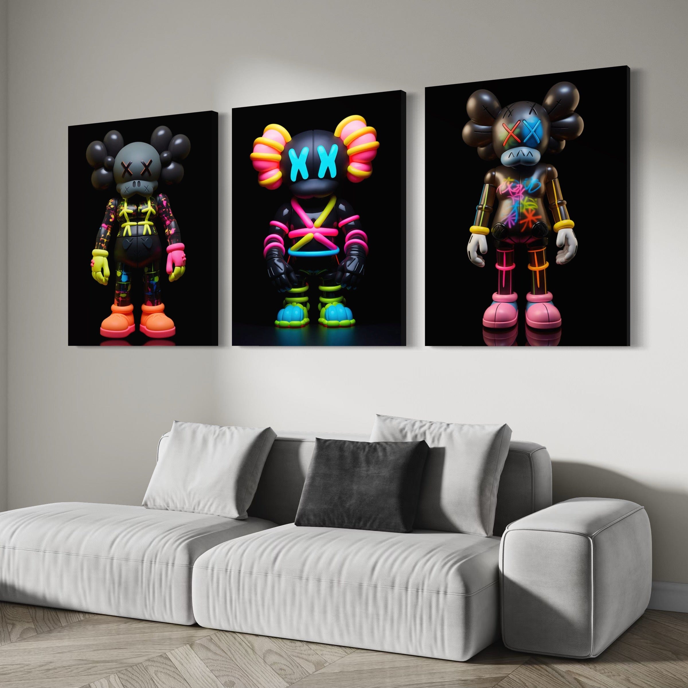 Neon Kaws 3 Piece Canvas Print Ver 3