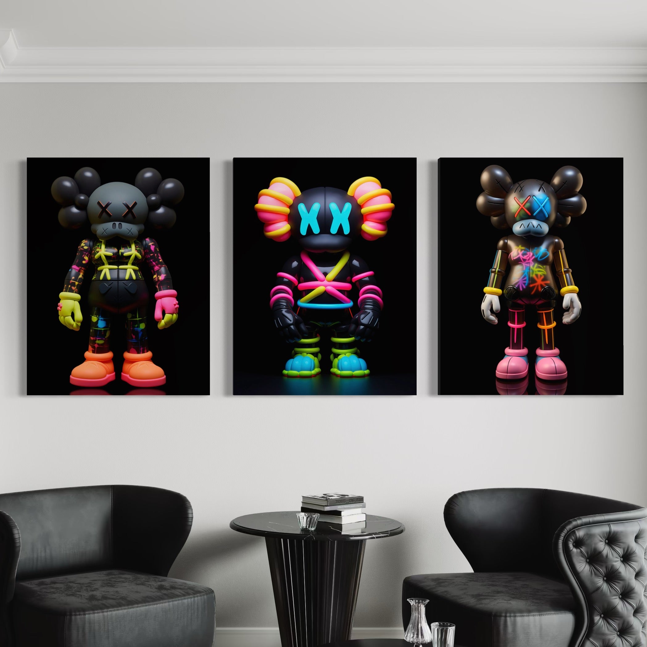 Neon Kaws 3 Piece Canvas Print Ver 3