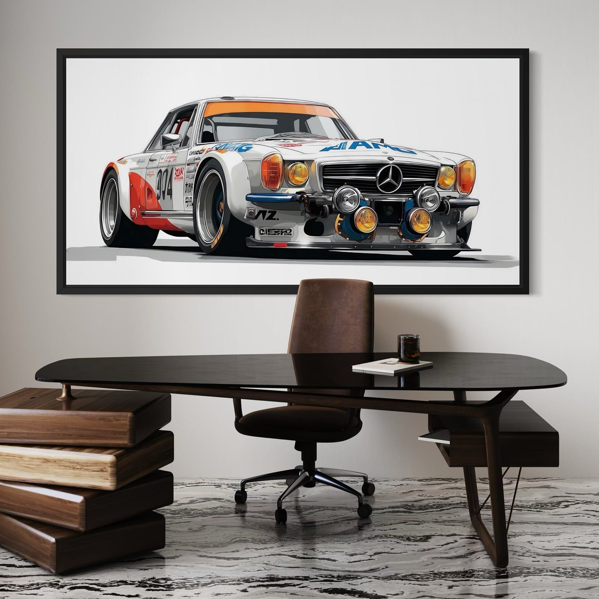 Garage interior mockup with vintage race car wall decor