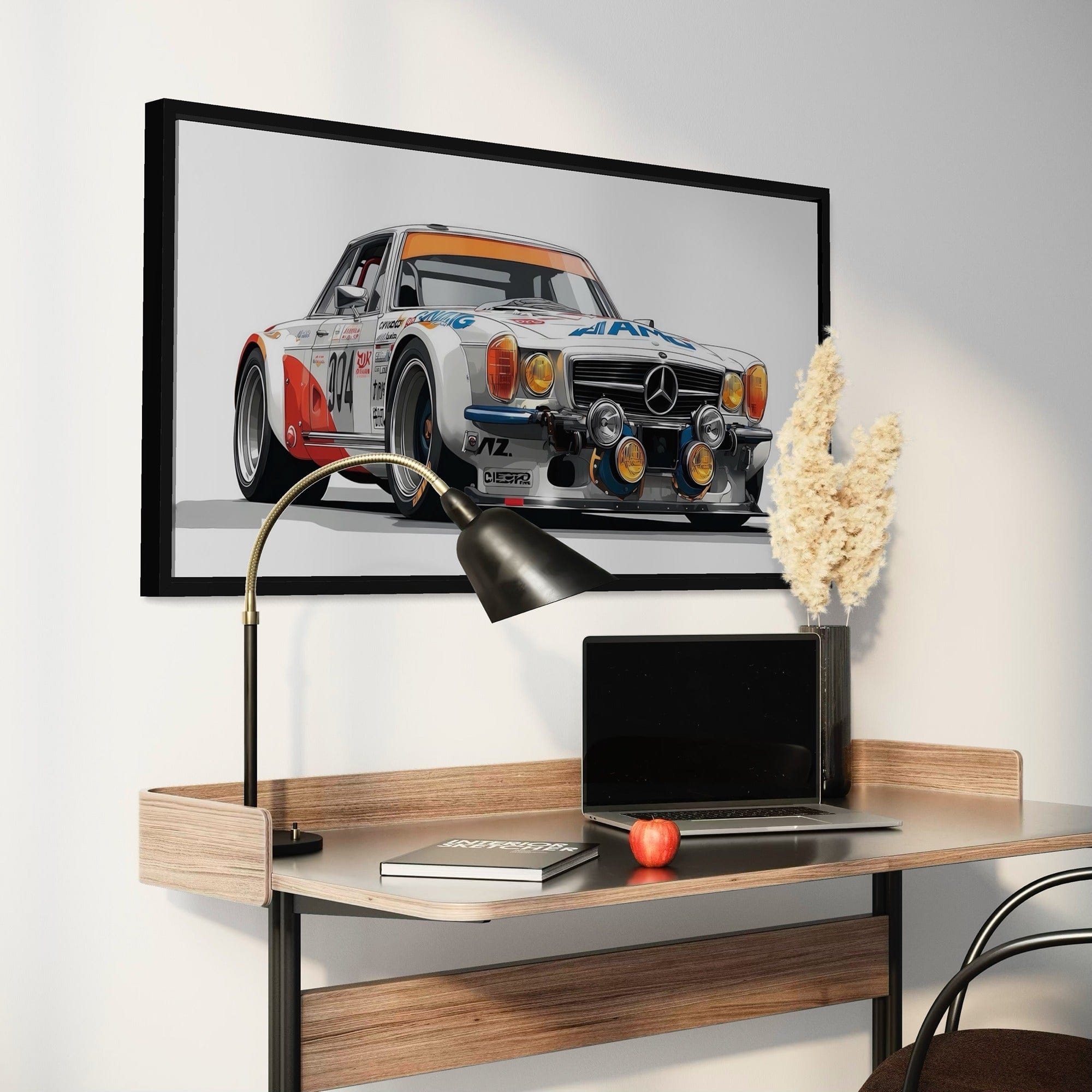 Car enthusiast office decor featuring Mercedes racing canvas artwork