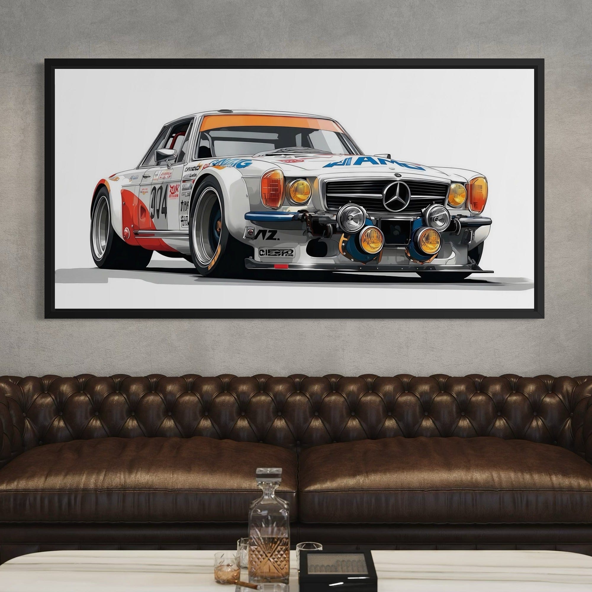 Side angle view of retro race car canvas wall decor