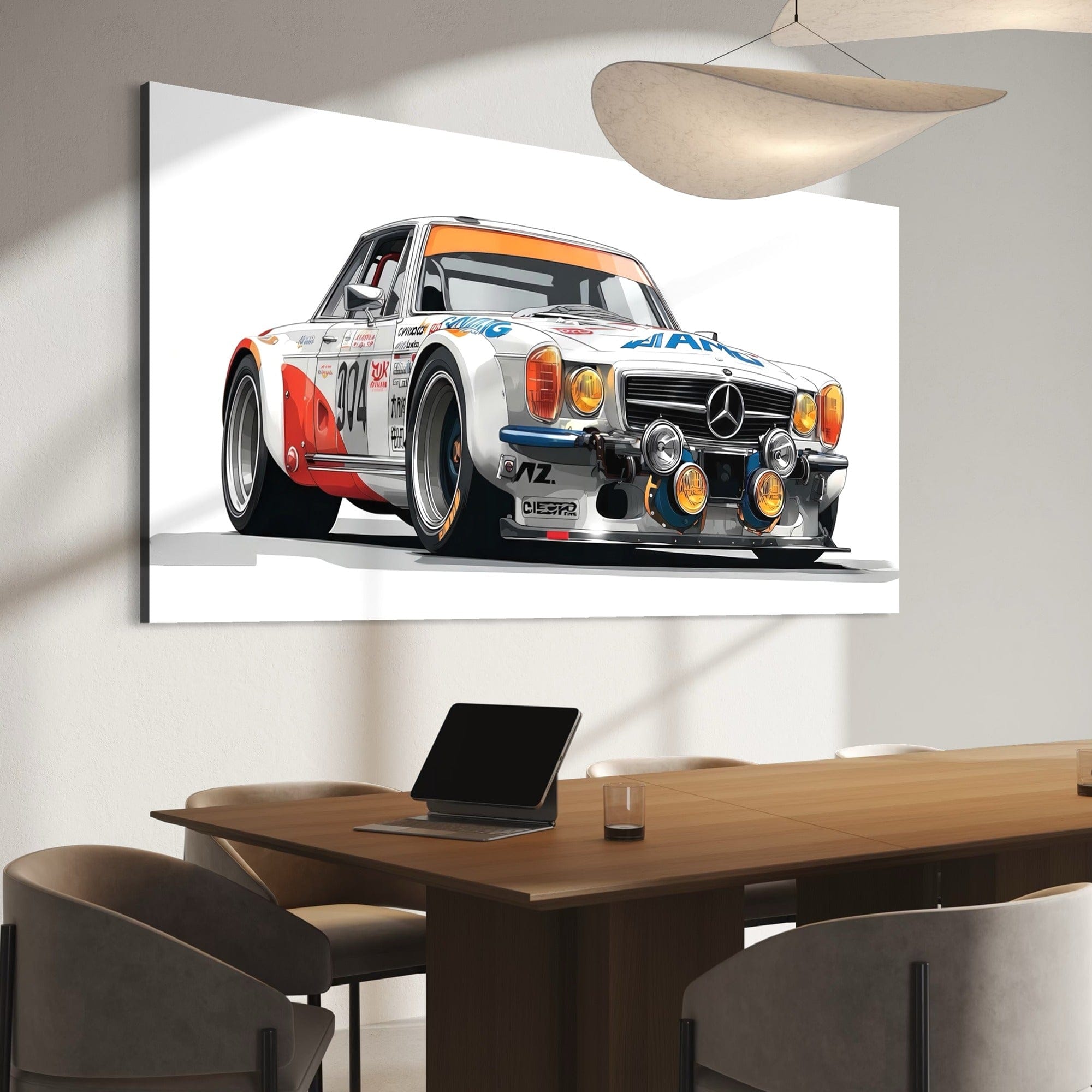 Large race car canvas art showing scale above modern living room setup