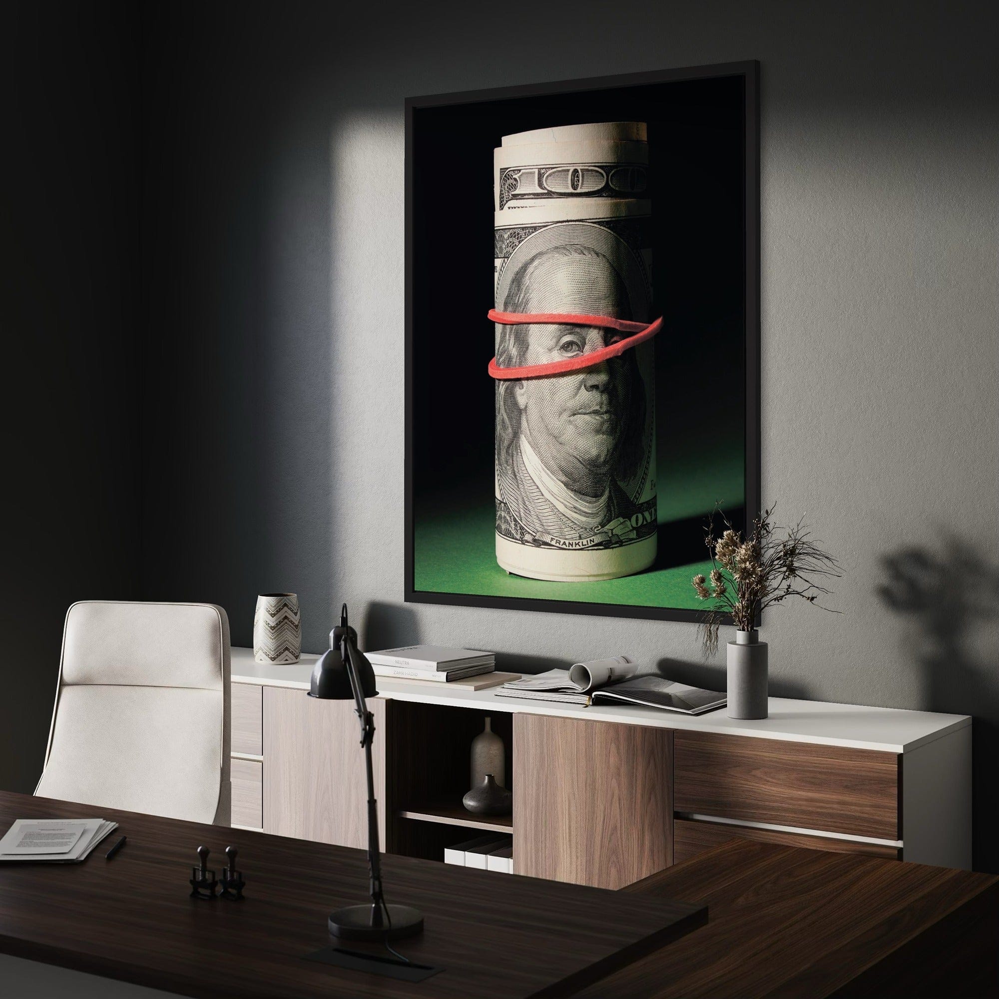 Detailed texture of hundred dollar bill portrait on premium canvas