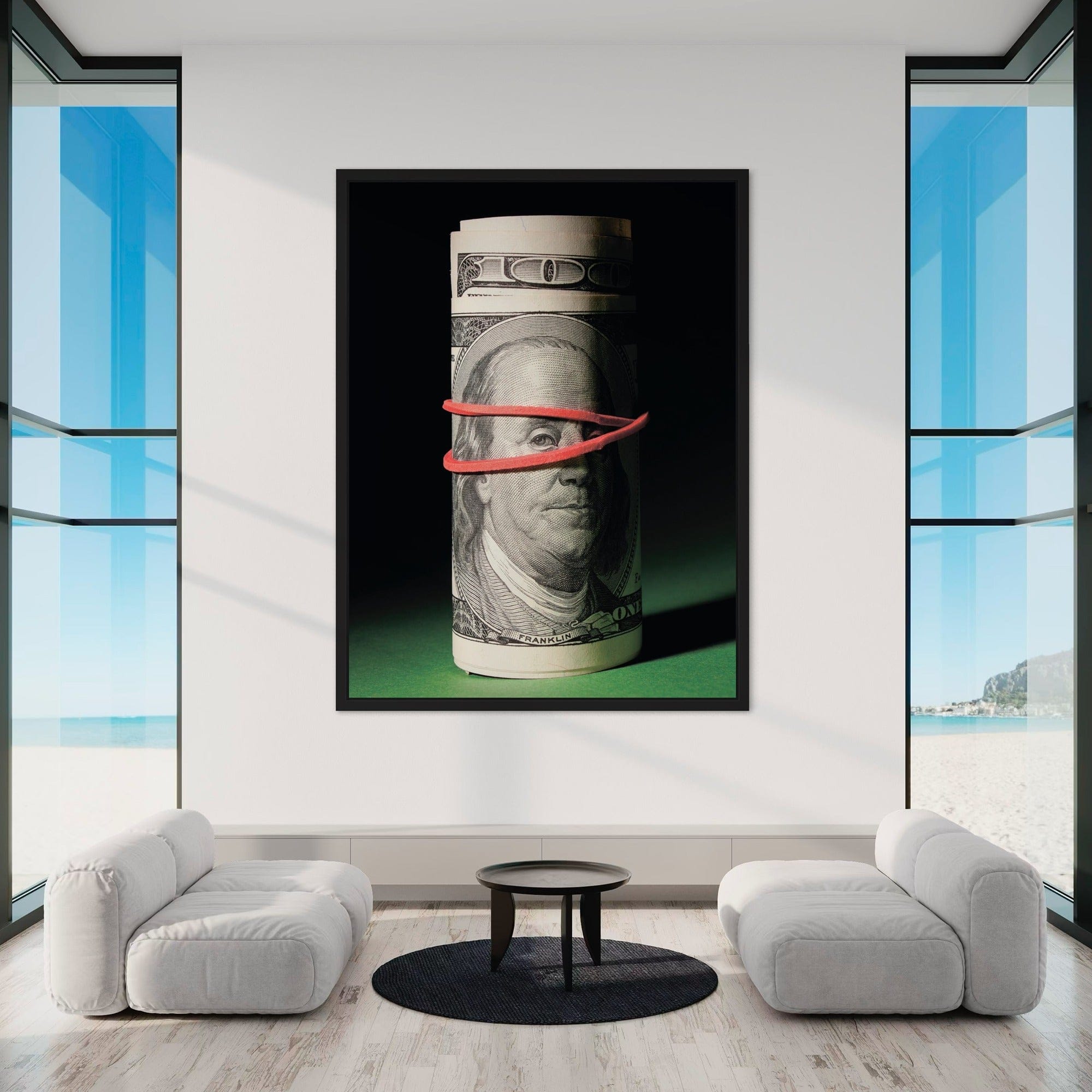 Stylish office interior mockup with money themed wall decor