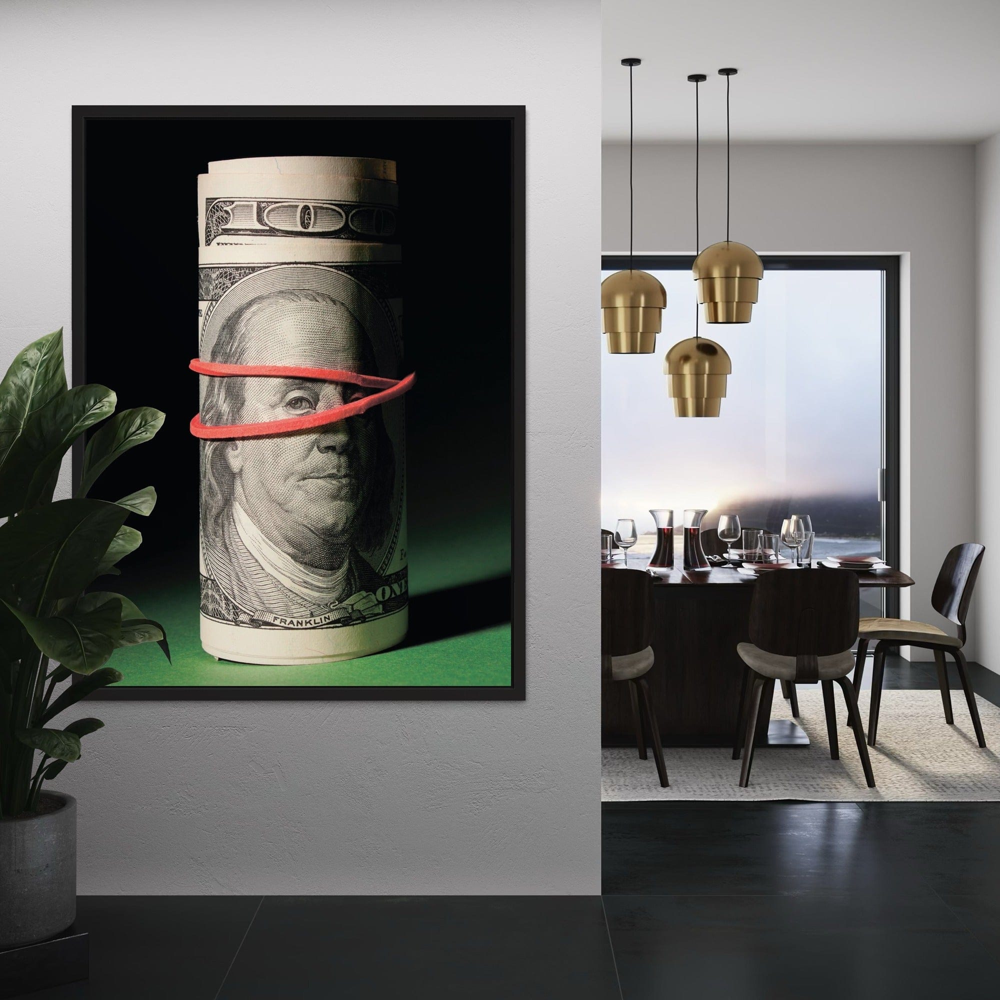 Entrepreneur workspace decor featuring Benjamin Franklin canvas artwork