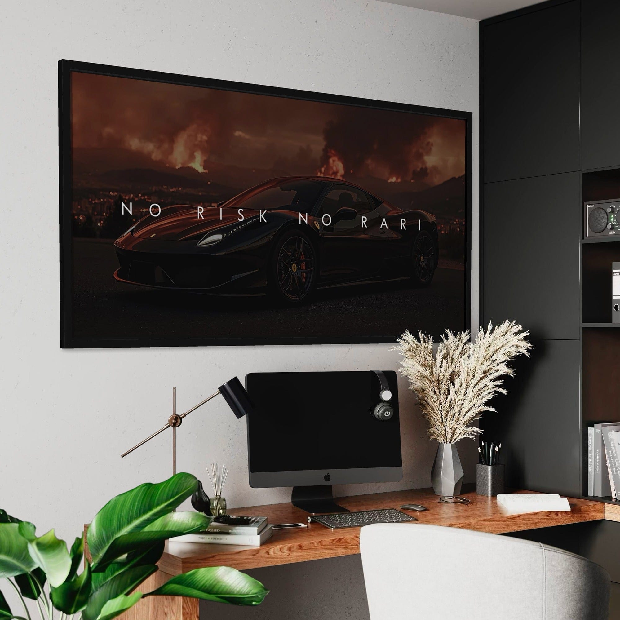 Detailaufnahme von Ferrari-Scheinwerfern und glänzender Karosserietextur auf Leinwanddruck