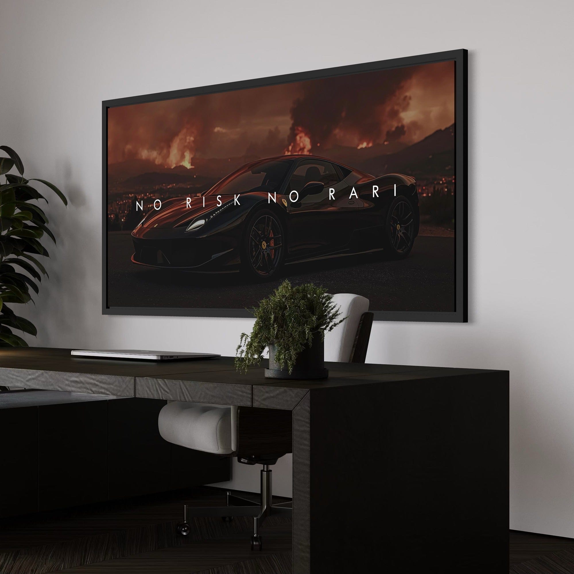 Luxuriöses Home-Office-Interieur-Mockup mit No Risk No Rari-Autowanddekor
