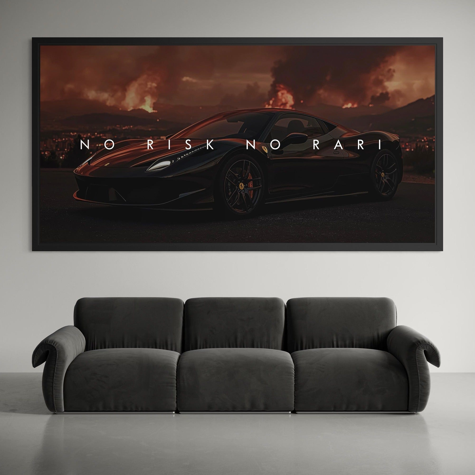 Nahaufnahme eines schwarzen Ferrari-Supersportwagens mit filmischem Feuerhintergrund als Leinwanddruck