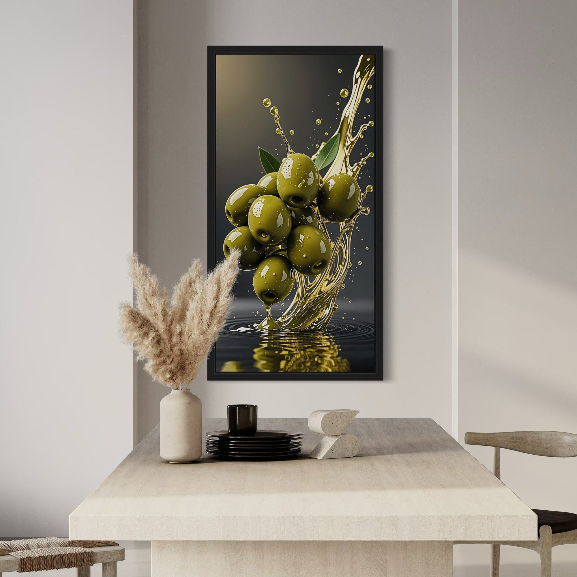 size scale view of vertical olive canvas in dining room