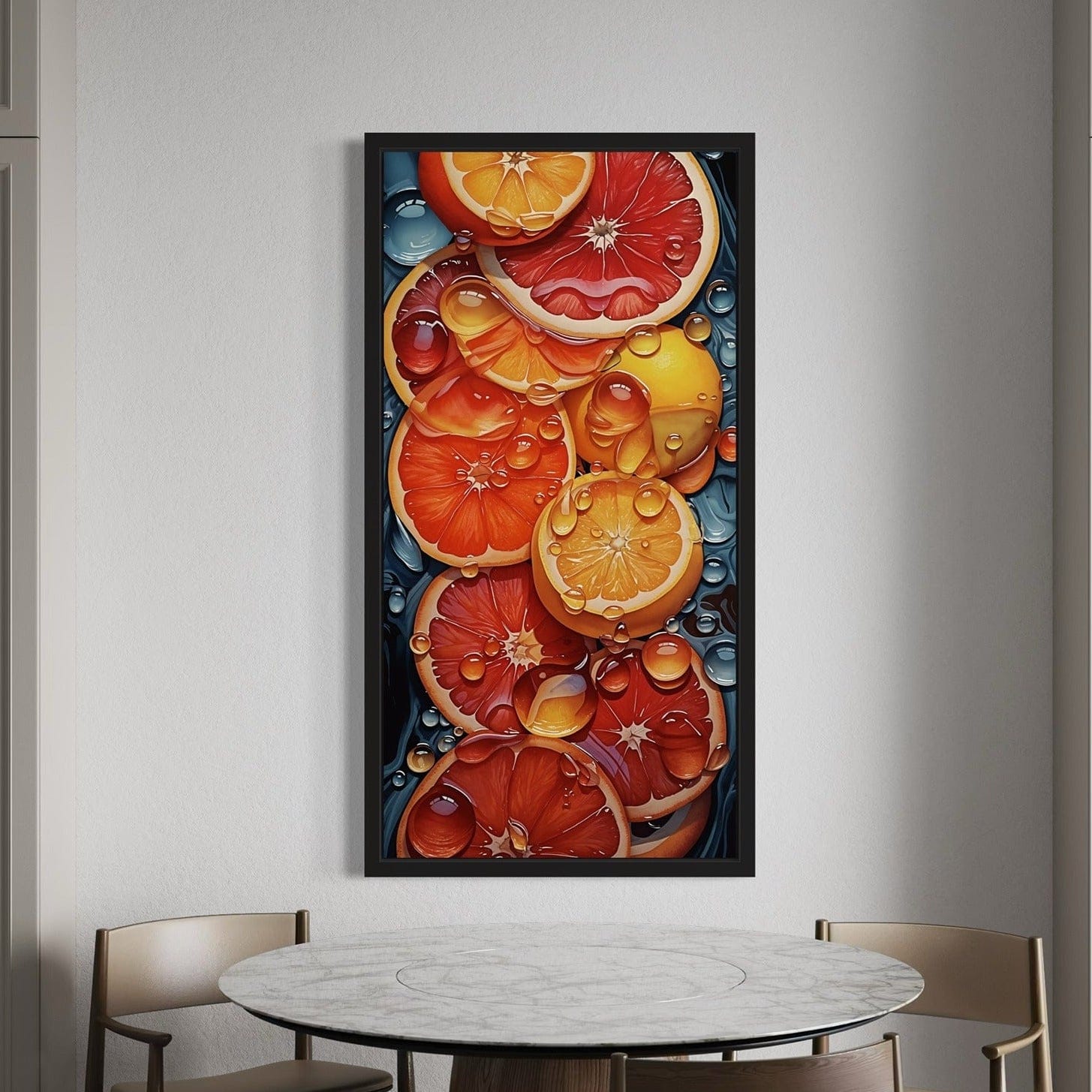 Water droplets citrus artwork on blue background