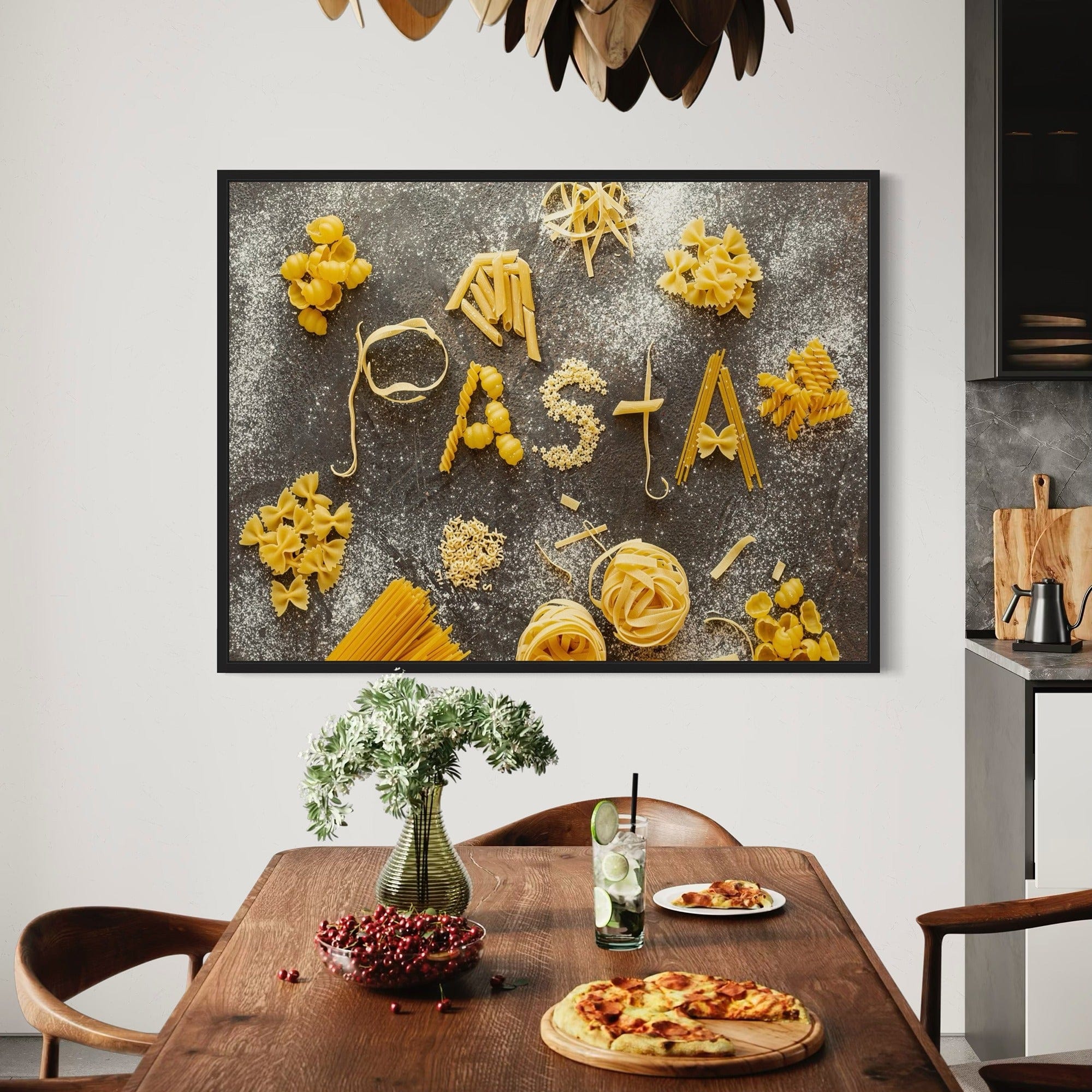 Pasta typography canvas wall art for kitchen decor with assorted noodles on dark flour-dusted background
