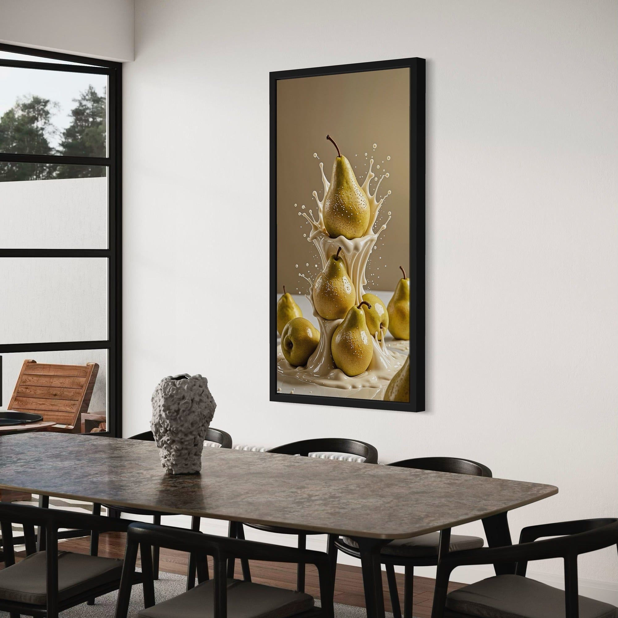 Pear Delight kitchen decor — fruit splash canvas near window, natural light