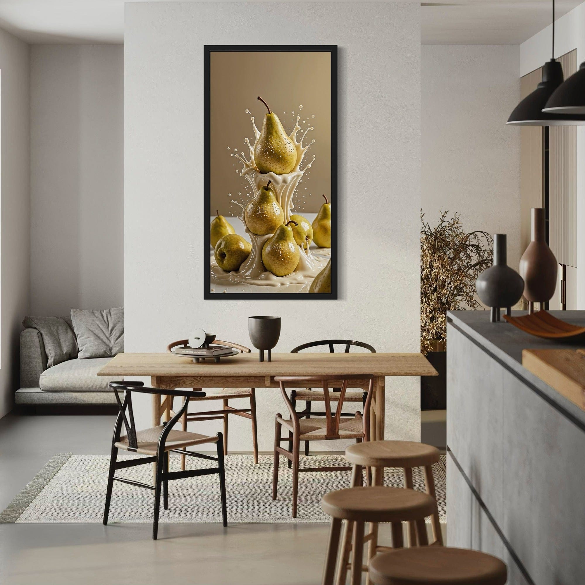 Pear Delight wall art scale — large vertical canvas in minimalist dining room