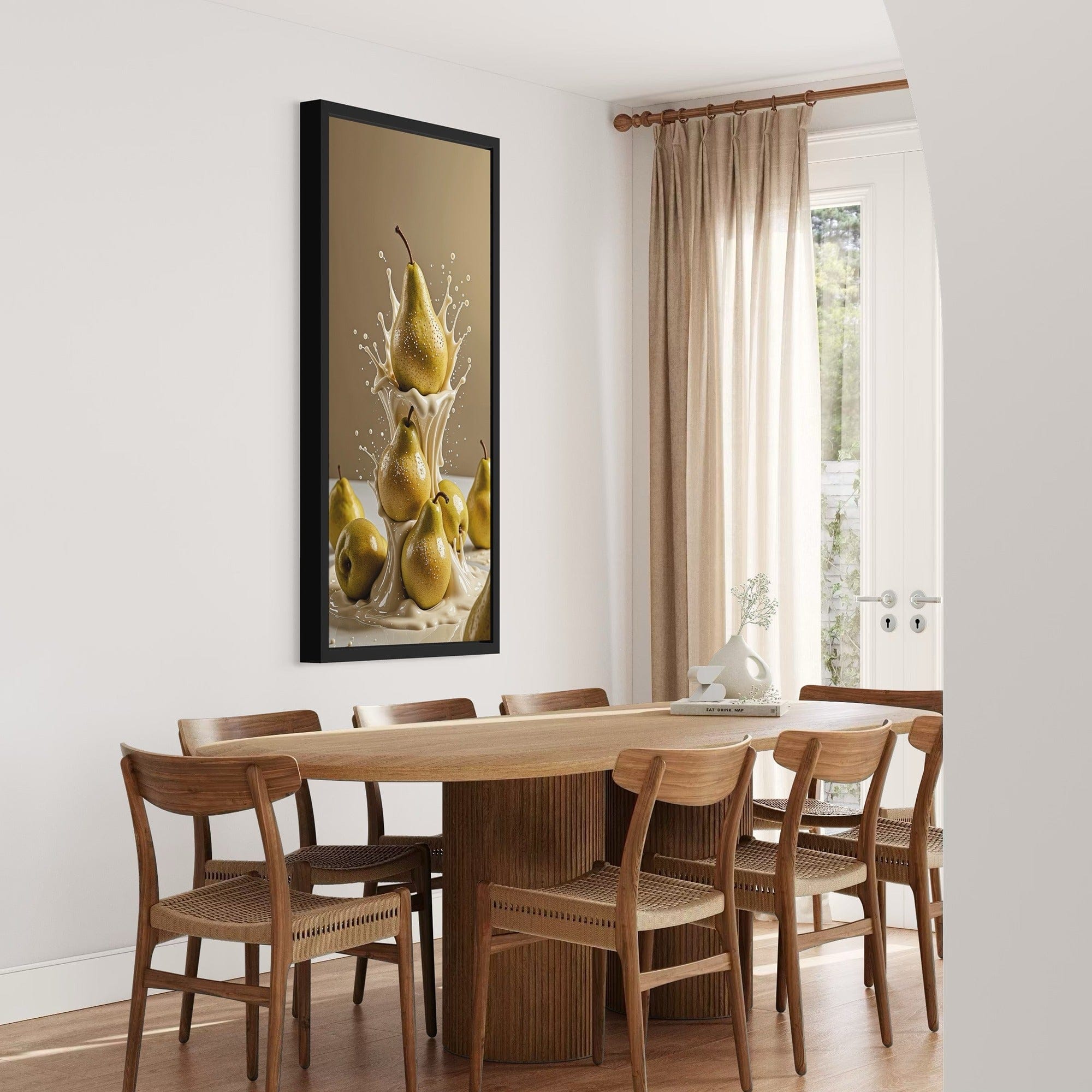 Pear Delight lifestyle photo — fruit splash canvas styling with table setting