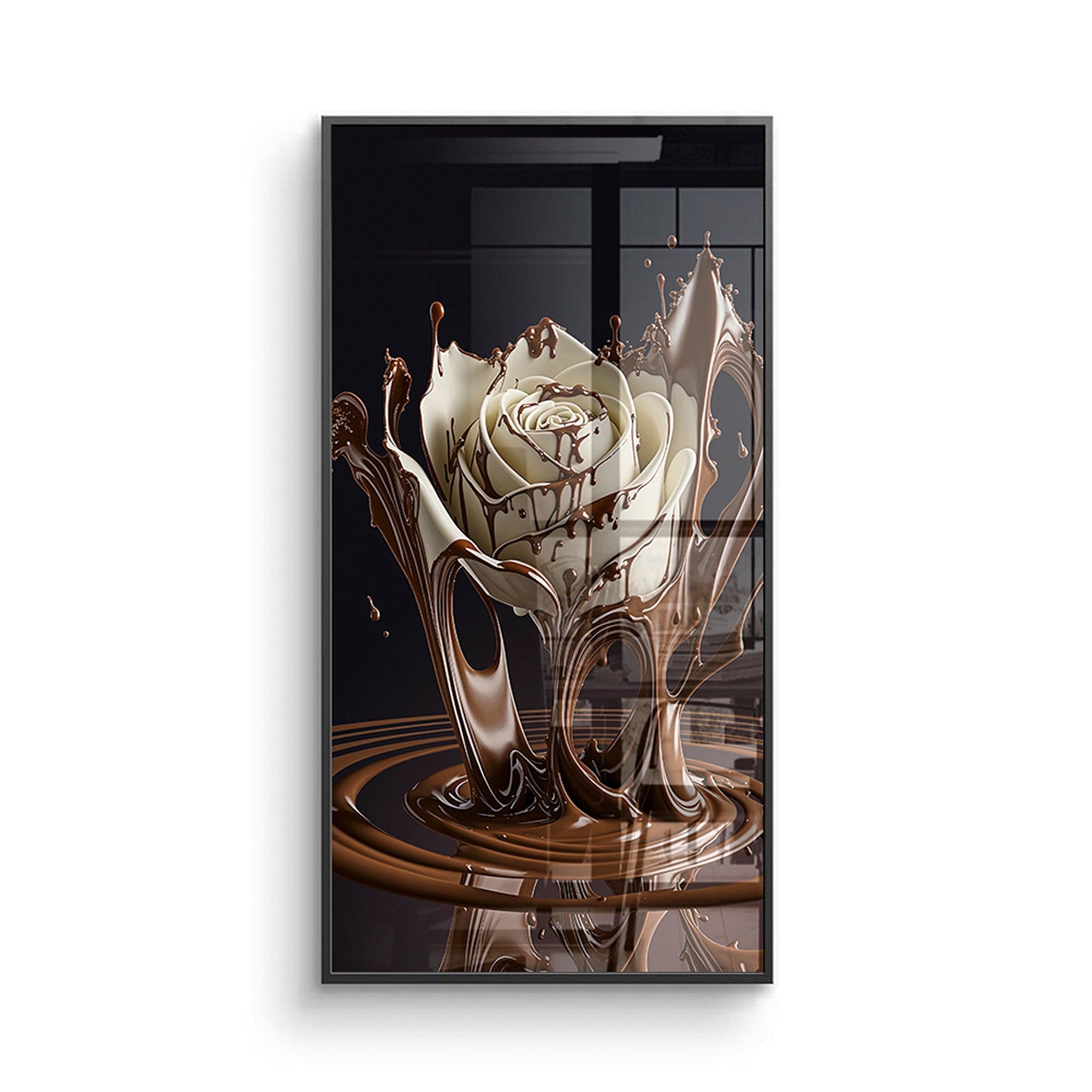 White chocolate rose with dark chocolate drizzle close-up