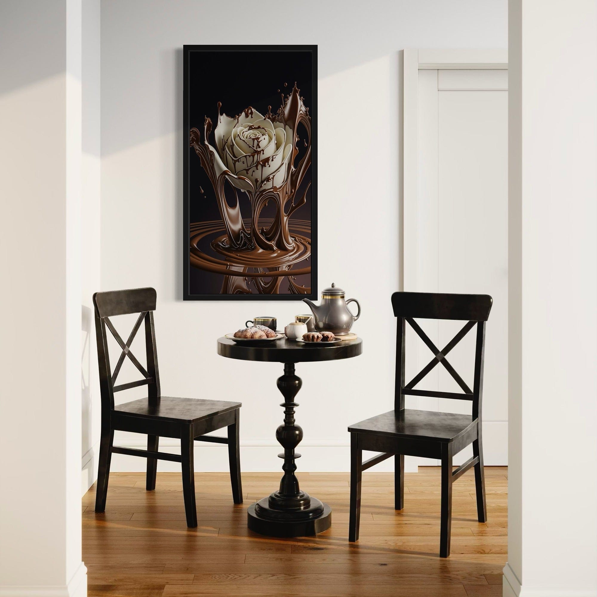 Glossy chocolate splash around rose on black background detail