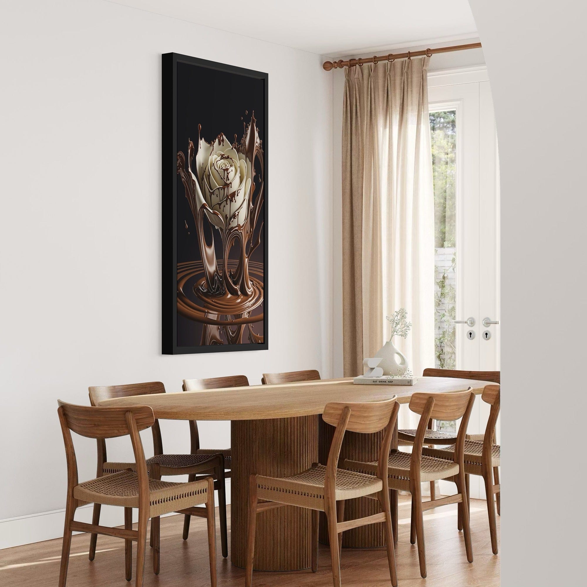 Café interior mockup with chocolate rose wall art