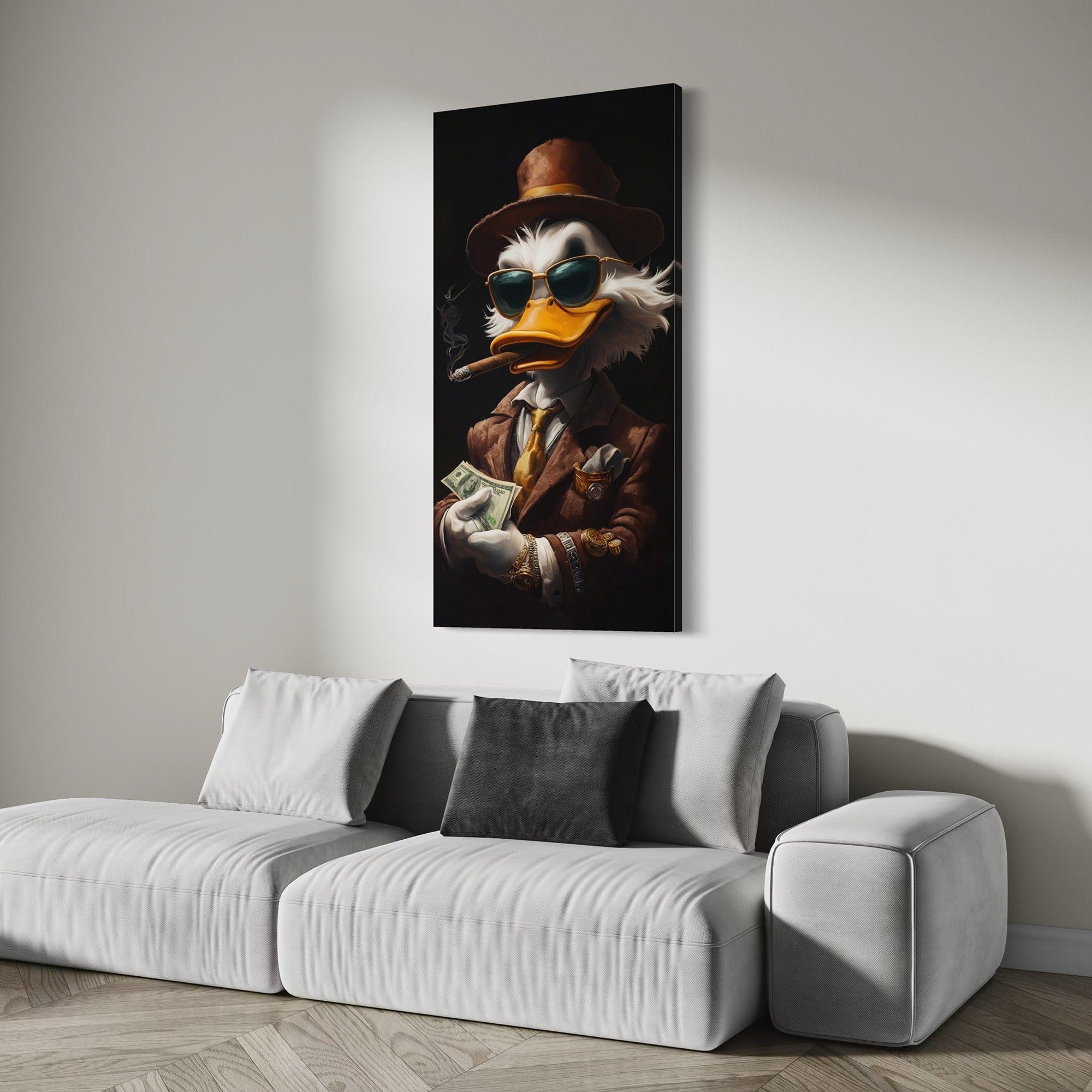 Side angle view of vertical money motivation canvas decor