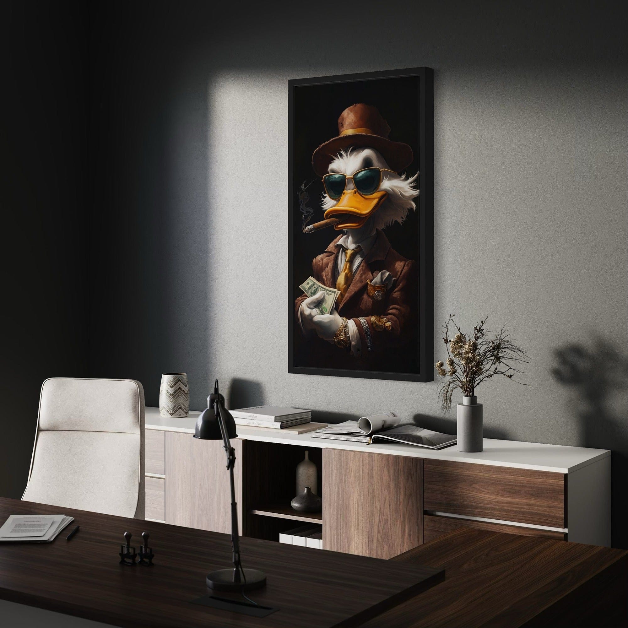 Detailed texture of suit fabric, gold watch and dollar bills on premium canvas