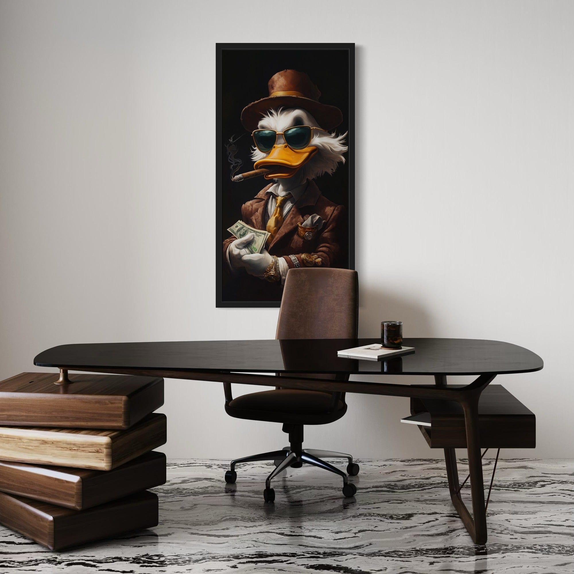 Large vertical hustle canvas art showing scale above office desk