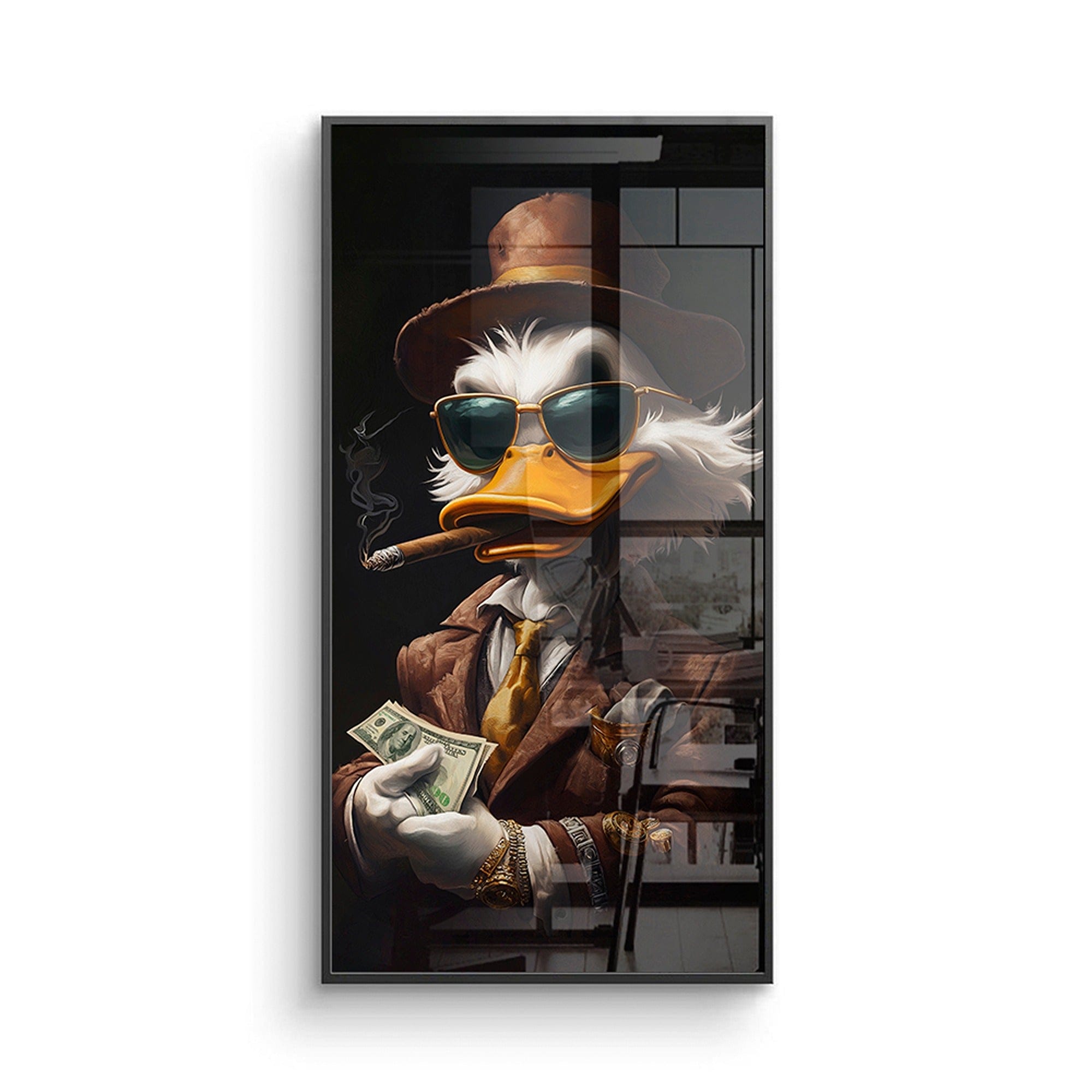 Framed hustle wall art displayed in modern office interior