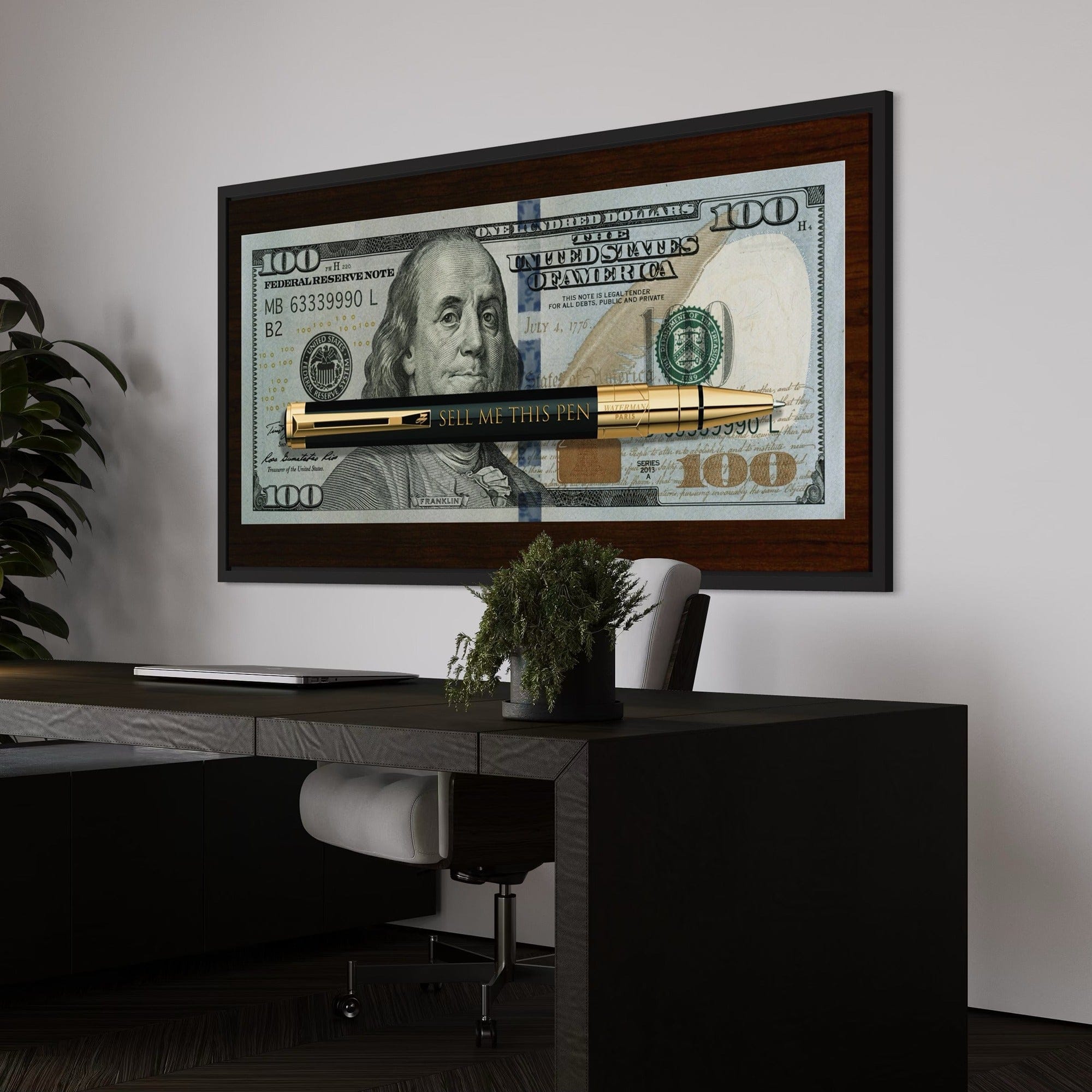Detailed texture of 100 dollar bill and luxury pen illustration on canvas