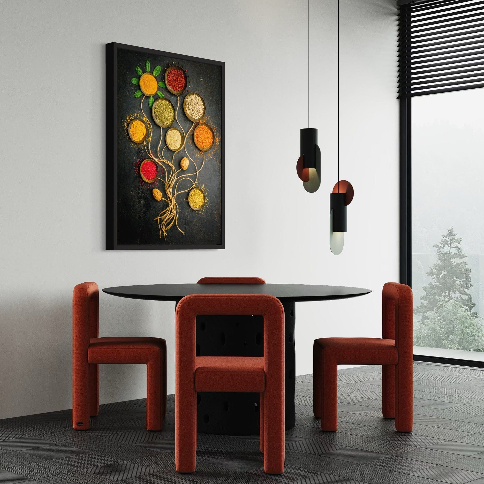Black background spice arrangement wall picture