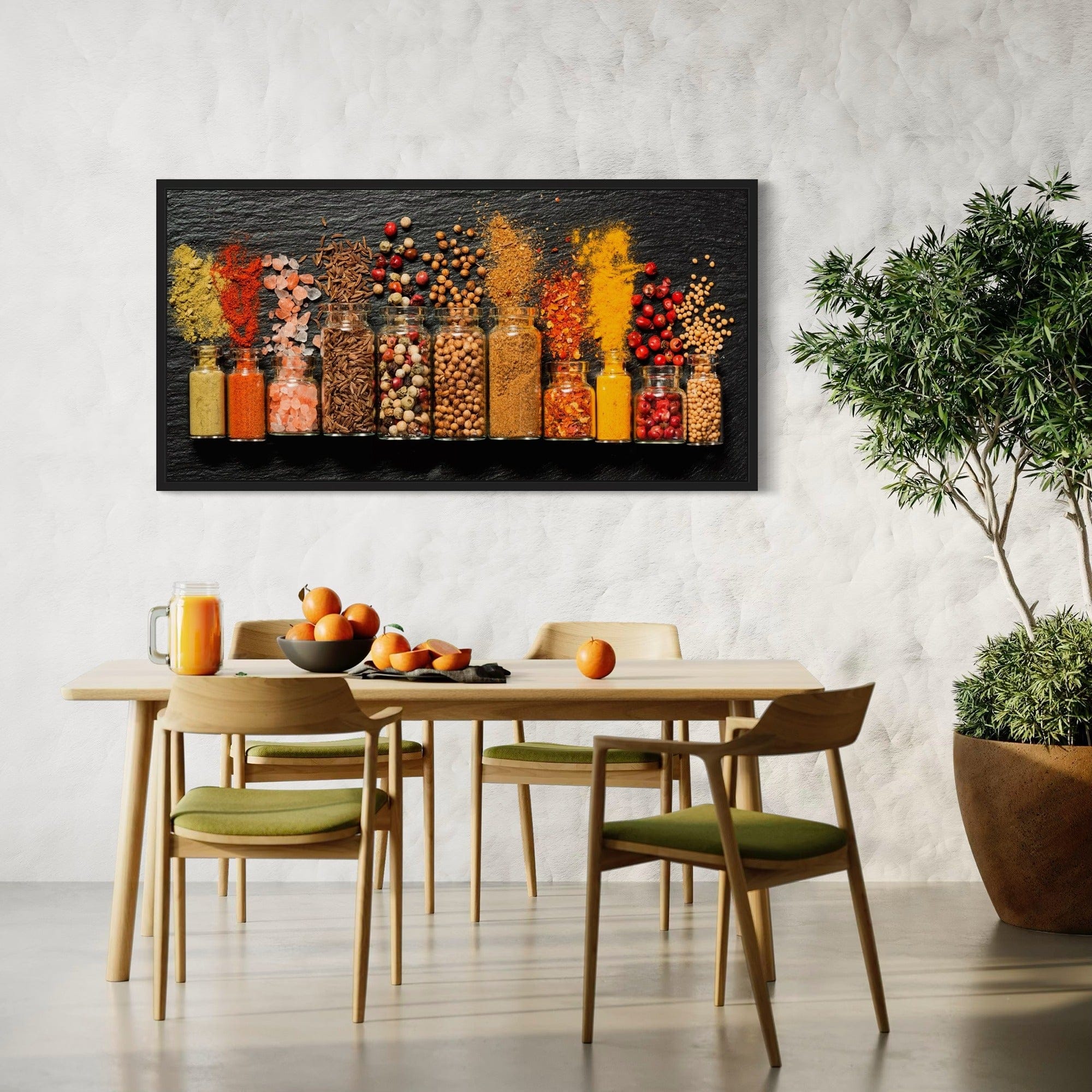 Farmhouse kitchen canvas with glass spice bottles