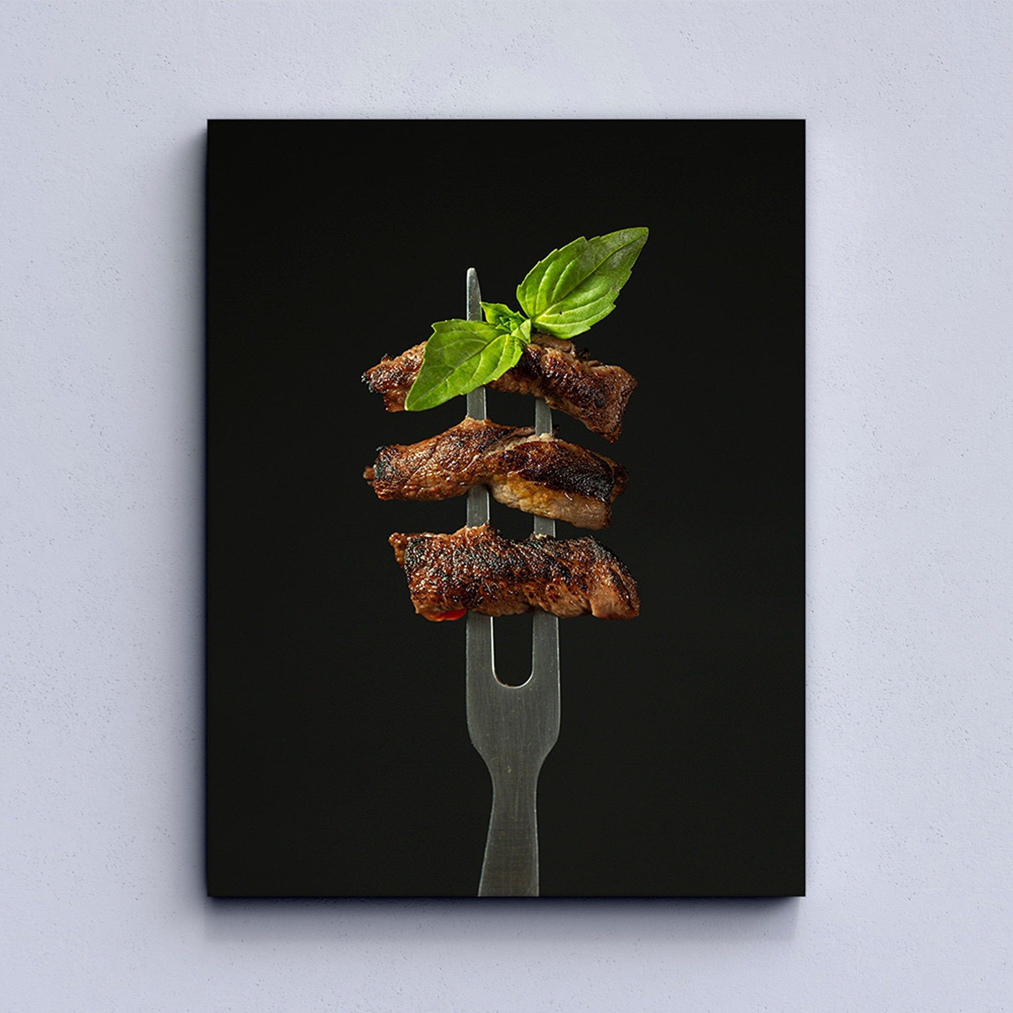 Grilled steak on fork with basil leaves kitchen canvas wall art