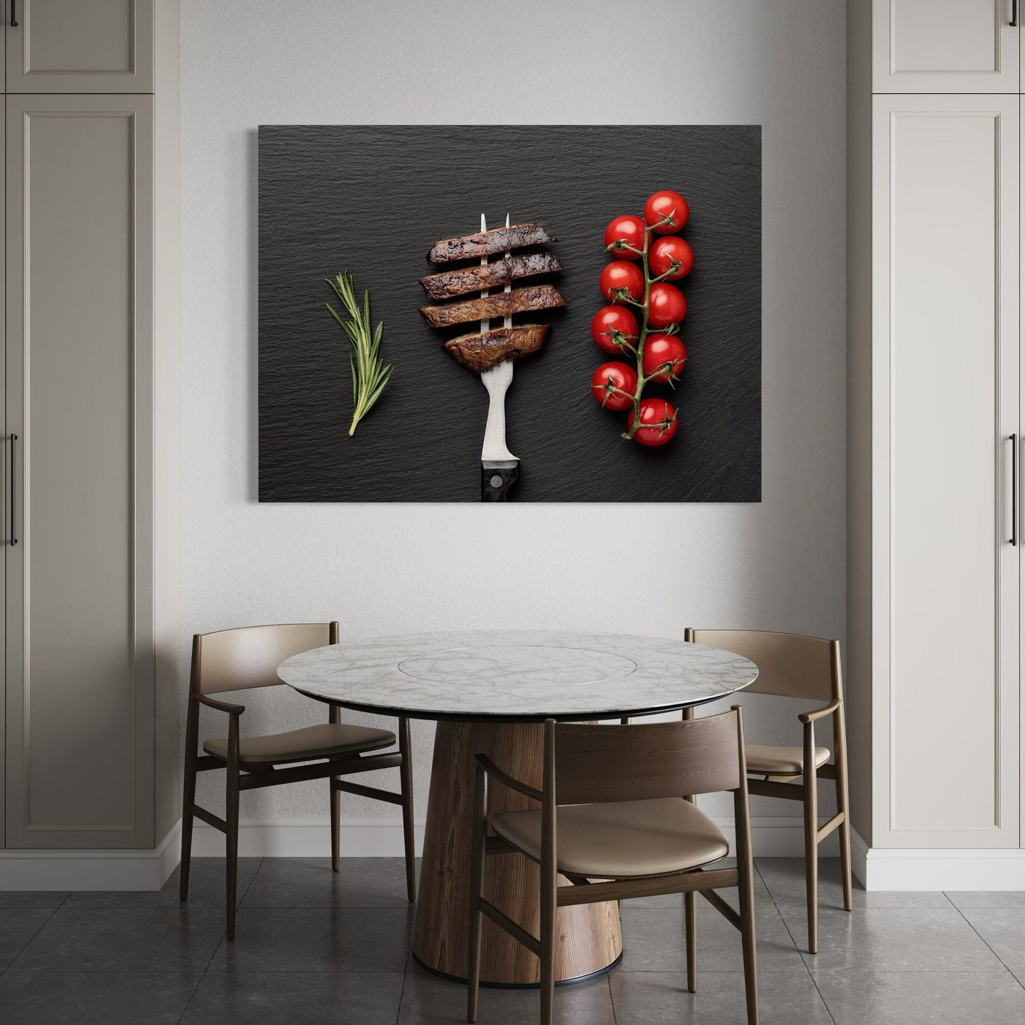 Steak and tomatoes kitchen canvas wall art on black slate background