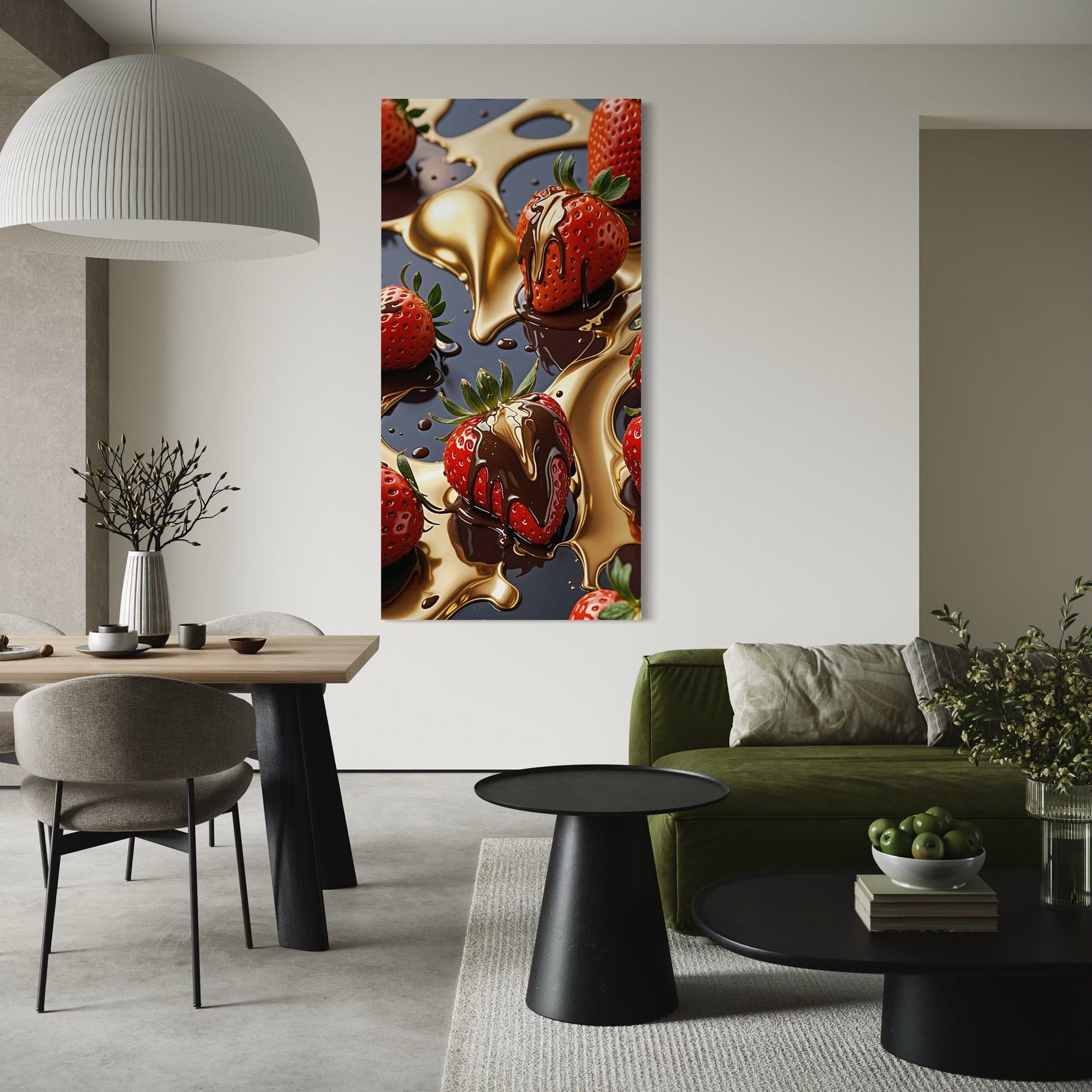 Close-up of strawberry dipped in glossy dark chocolate on canvas