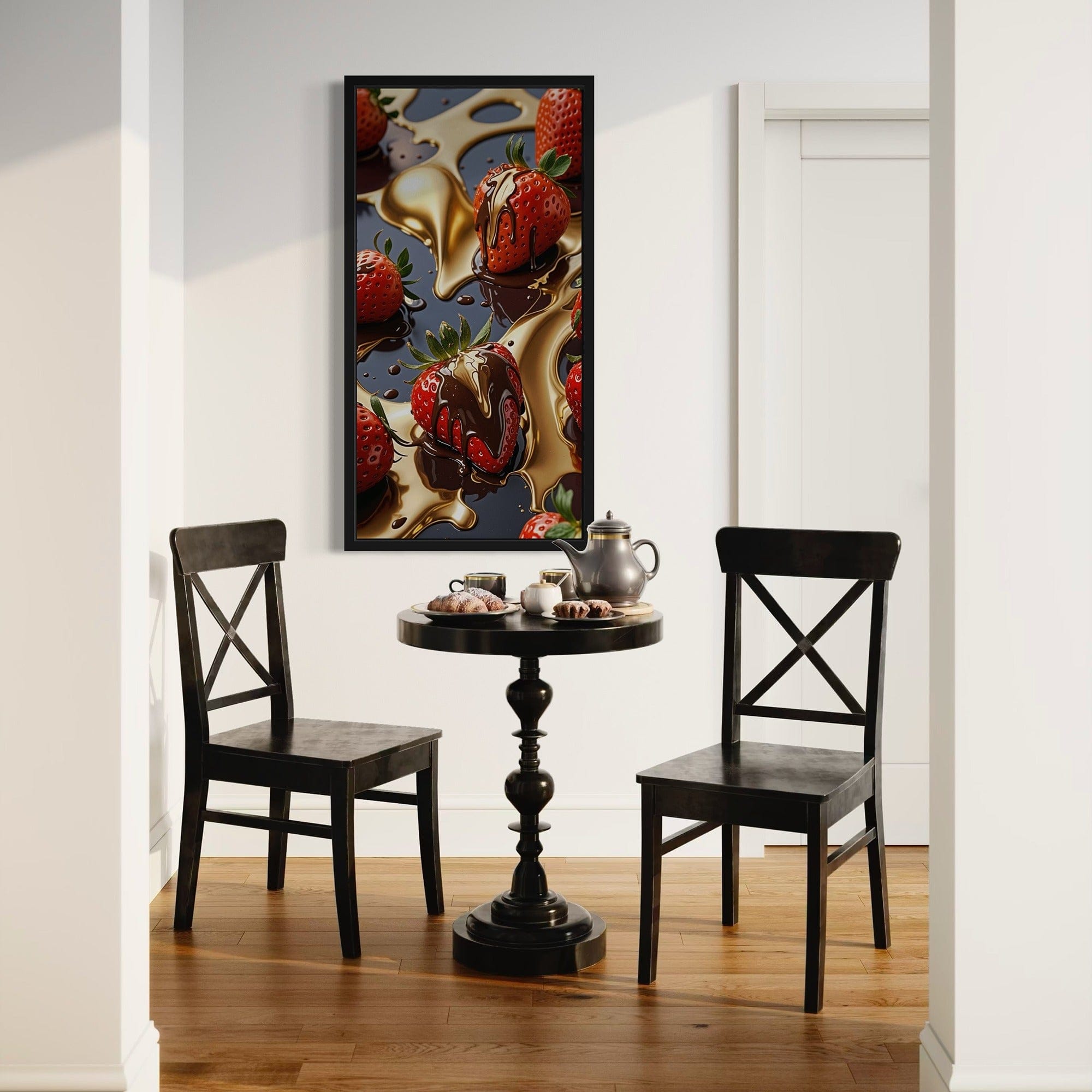 Scale view—vertical chocolate & gold strawberry canvas above table