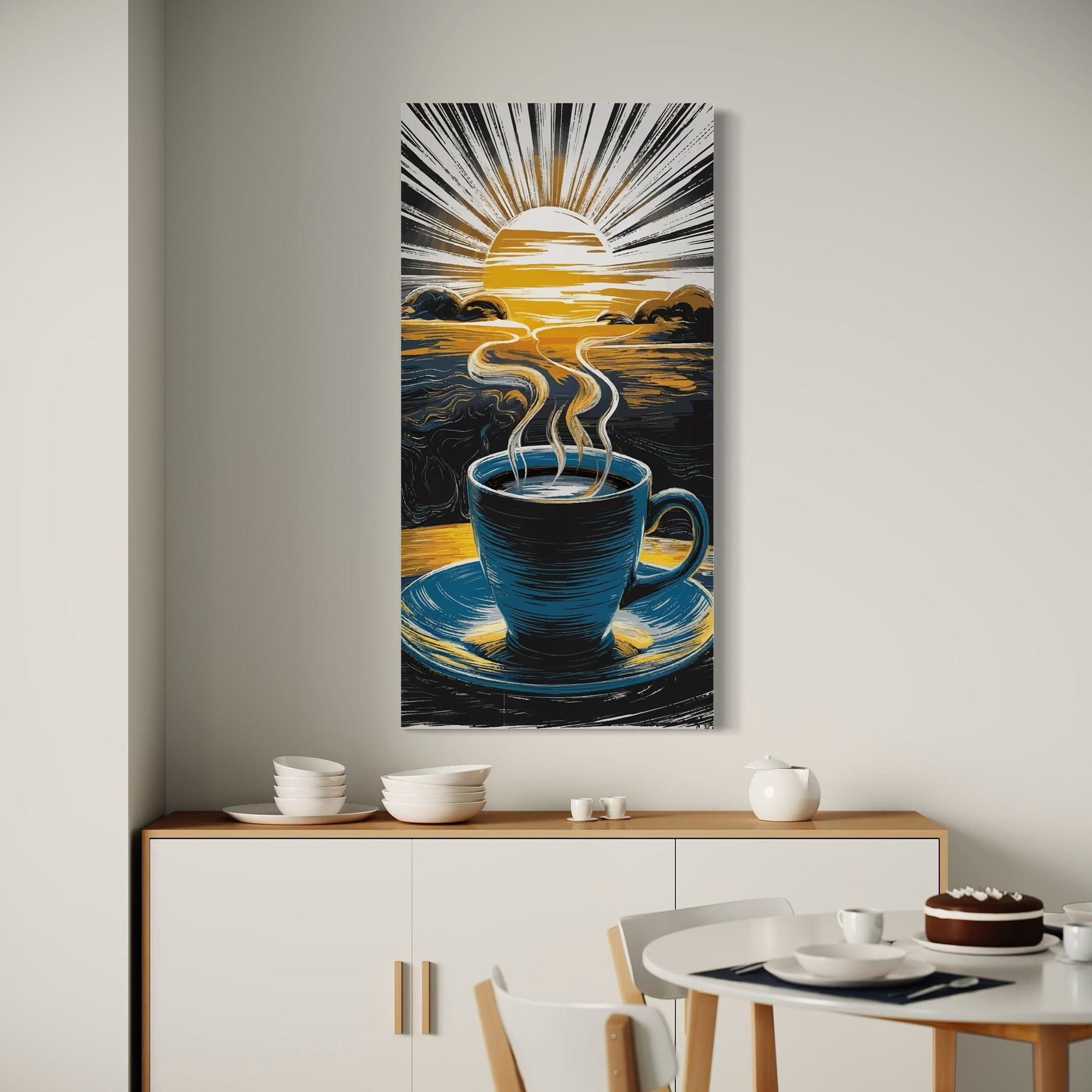 Sunrise coffee wall art in blue and gold