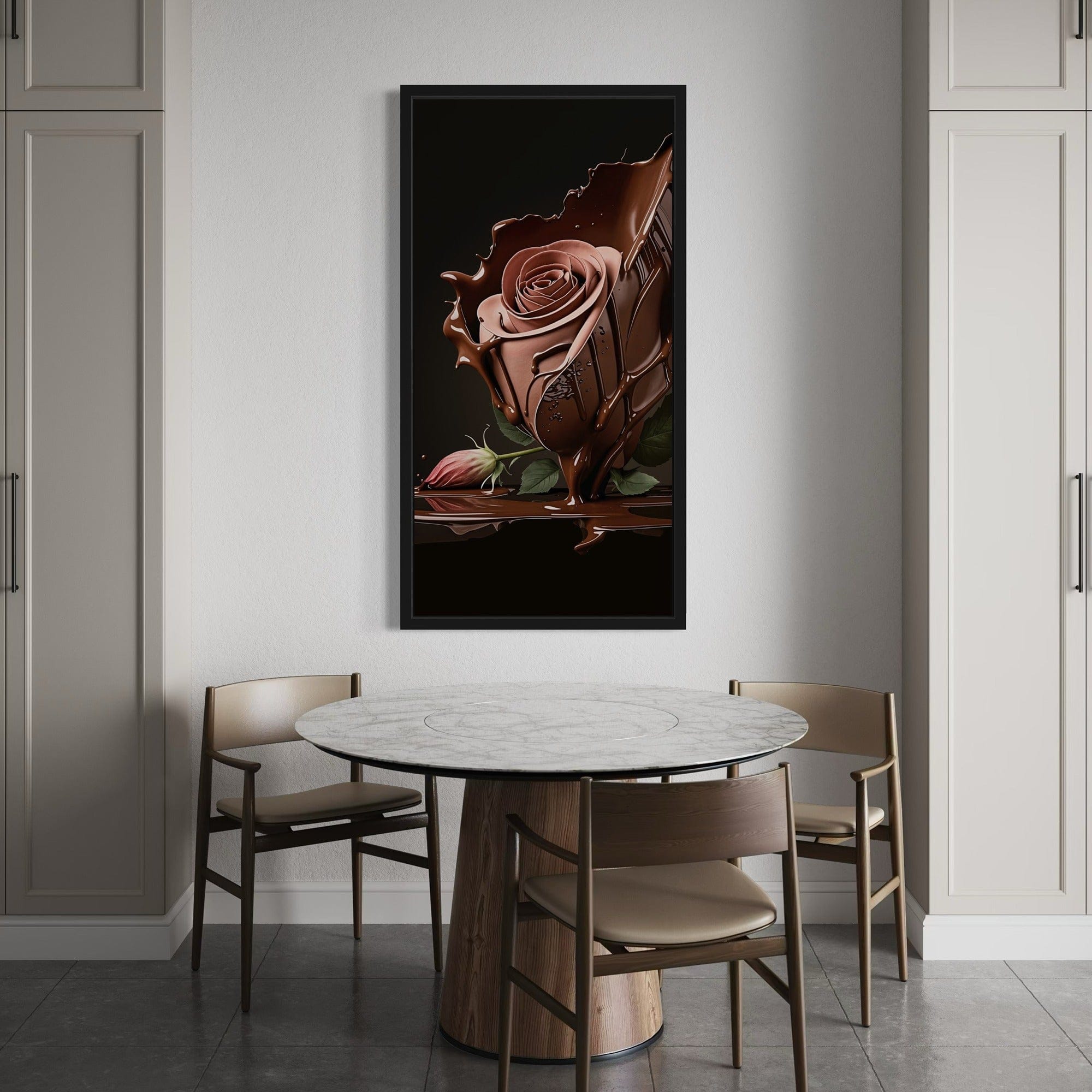 Side angle view of chocolate rose artwork showing canvas depth