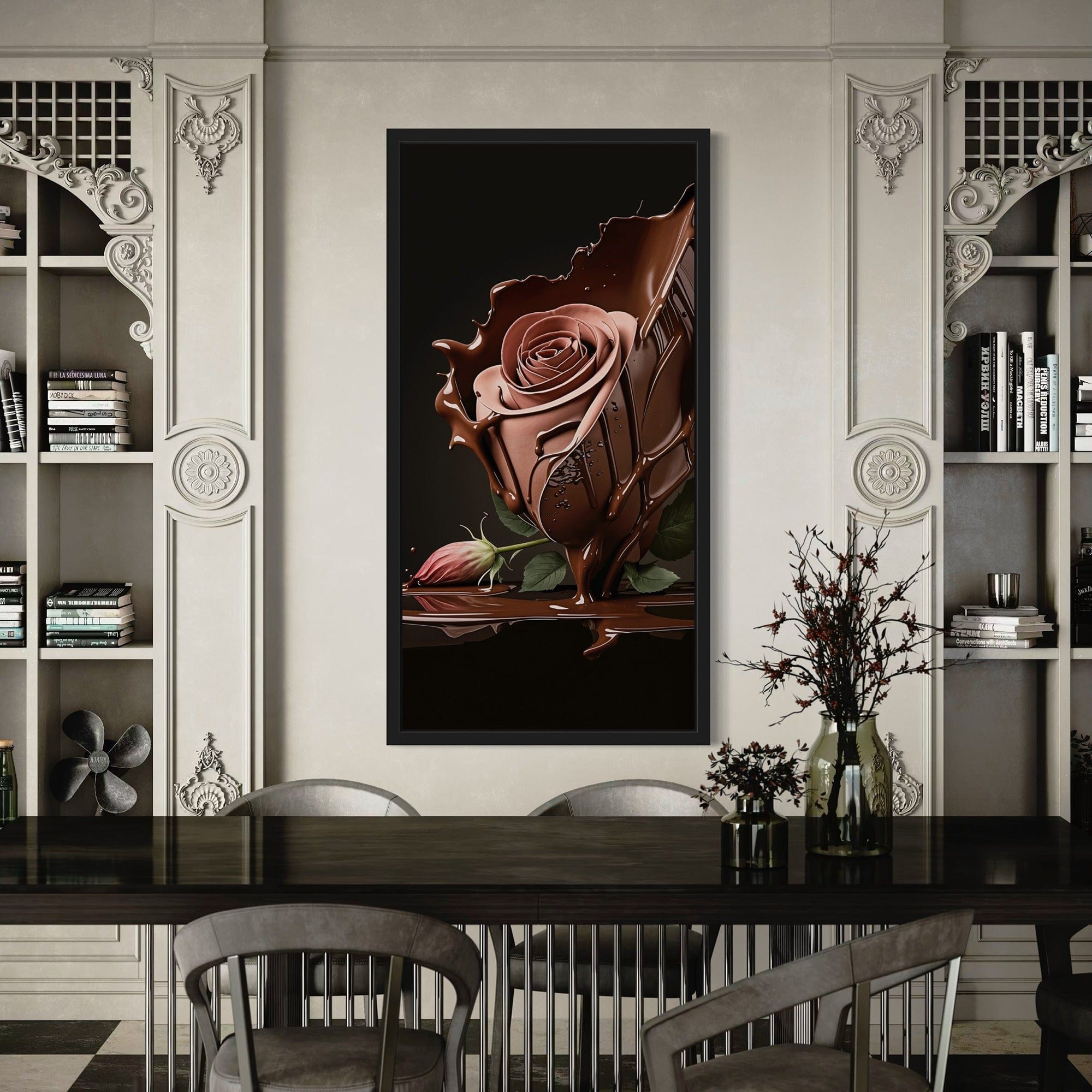 Detail shot of glossy chocolate drips around rose petals