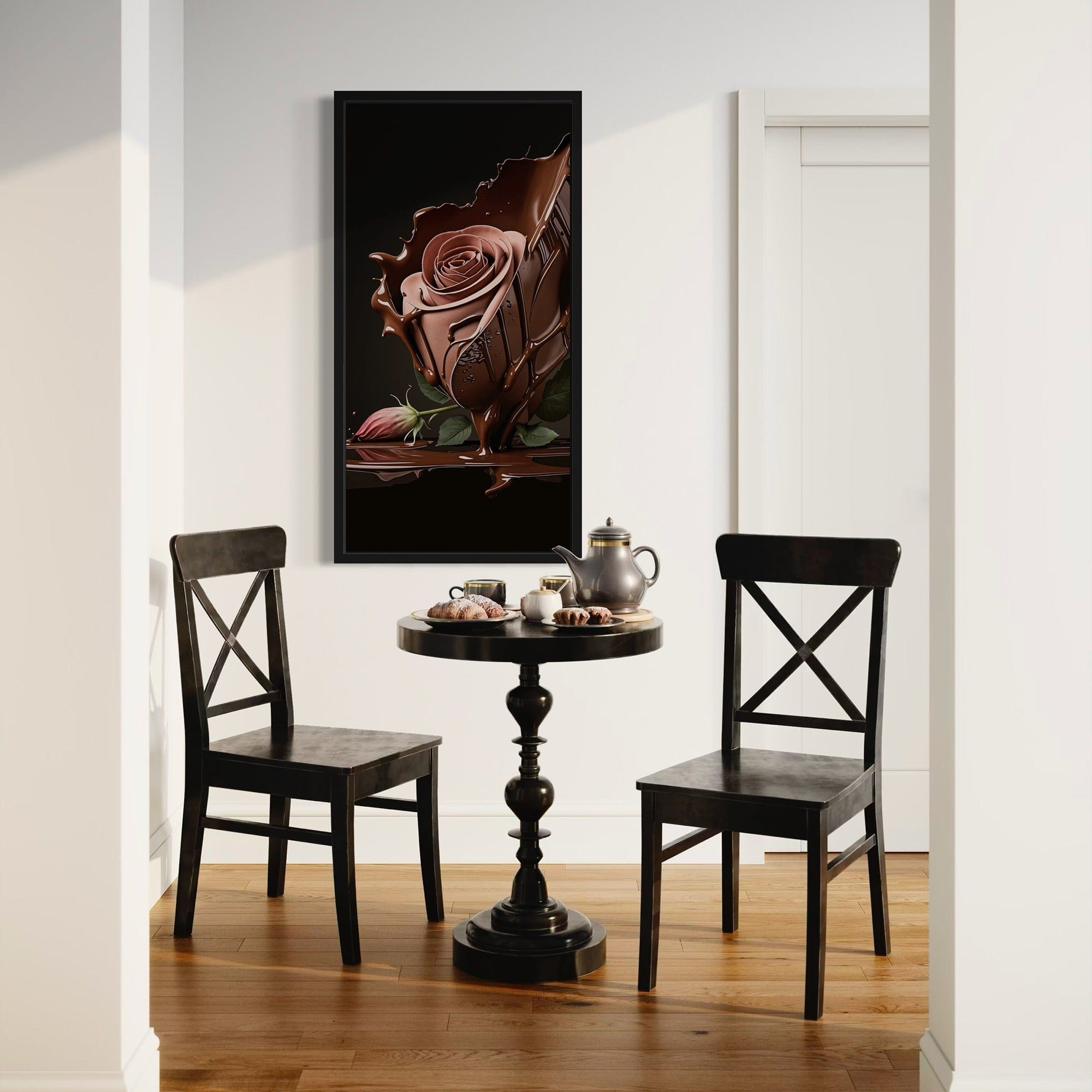 Corner detail of Chocolate-Dipped Rose canvas with tight wrap