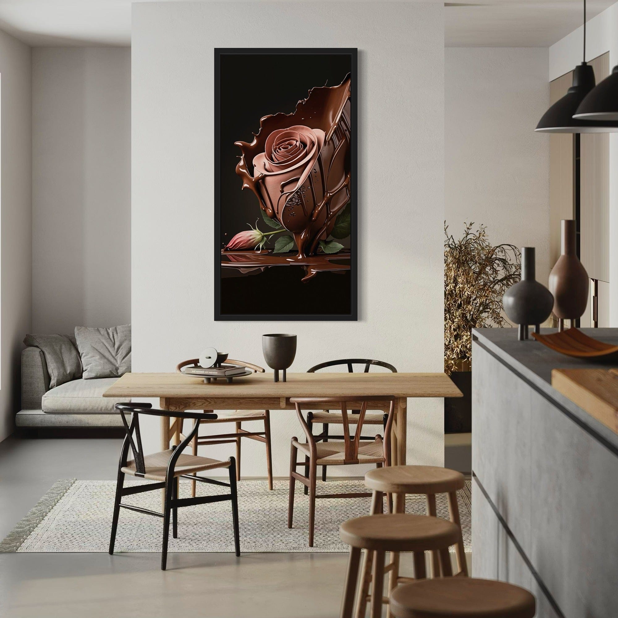 Scale view of chocolate rose canvas above dining table