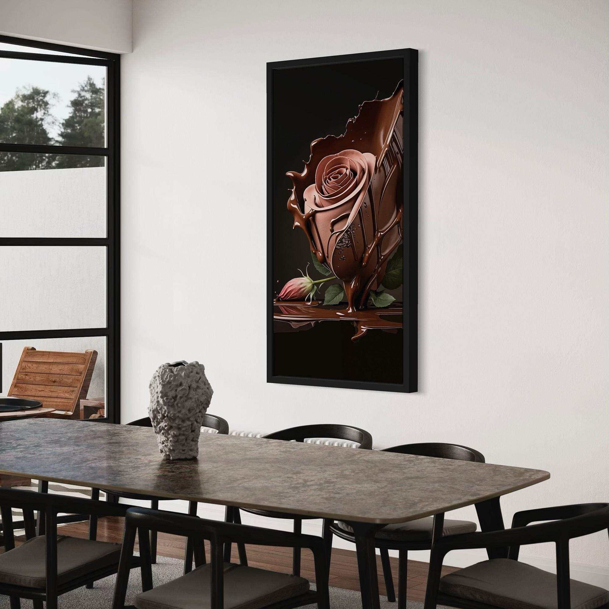 Vertical kitchen wall art featuring a rose in melted chocolate