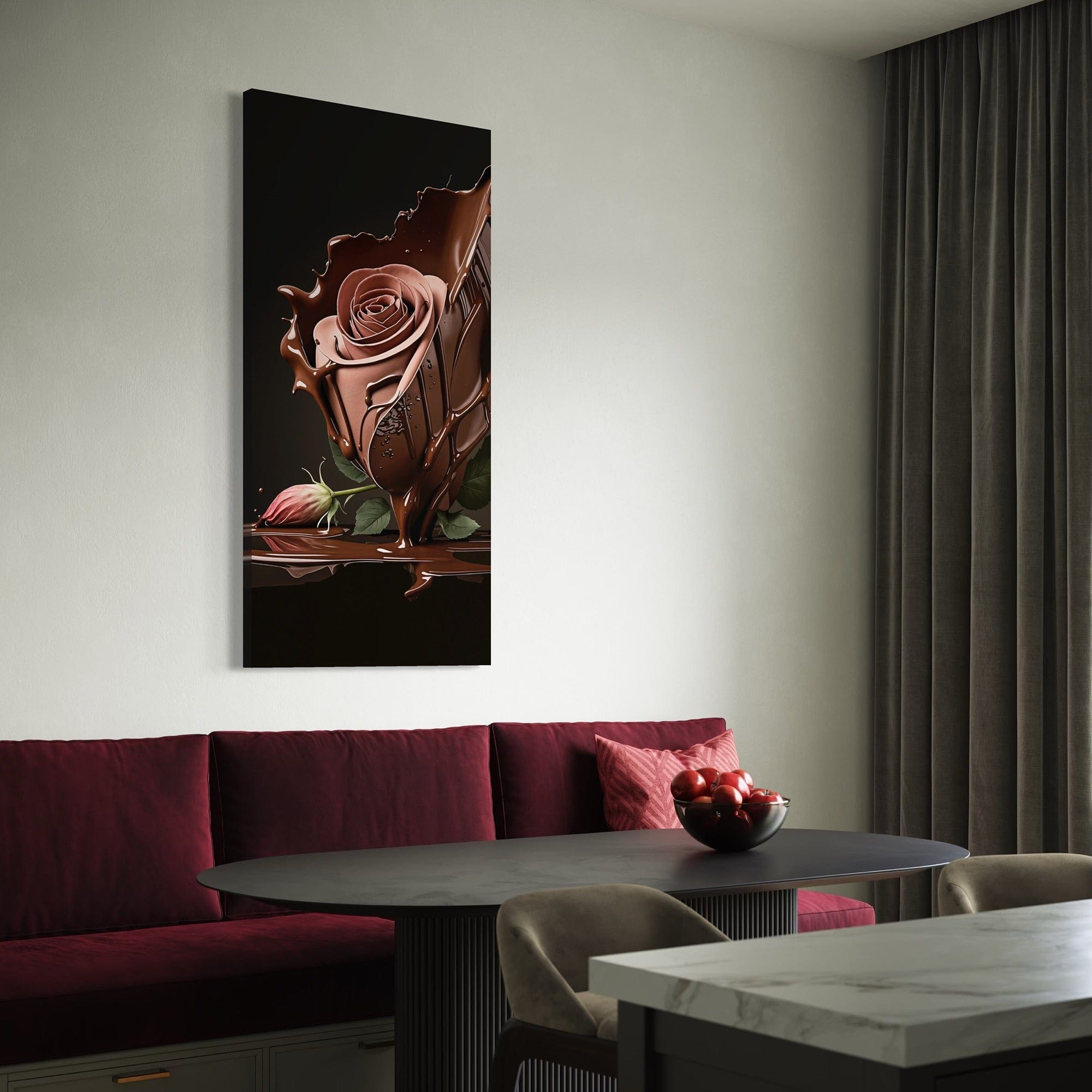 Living room mockup with framed chocolate rose artwork