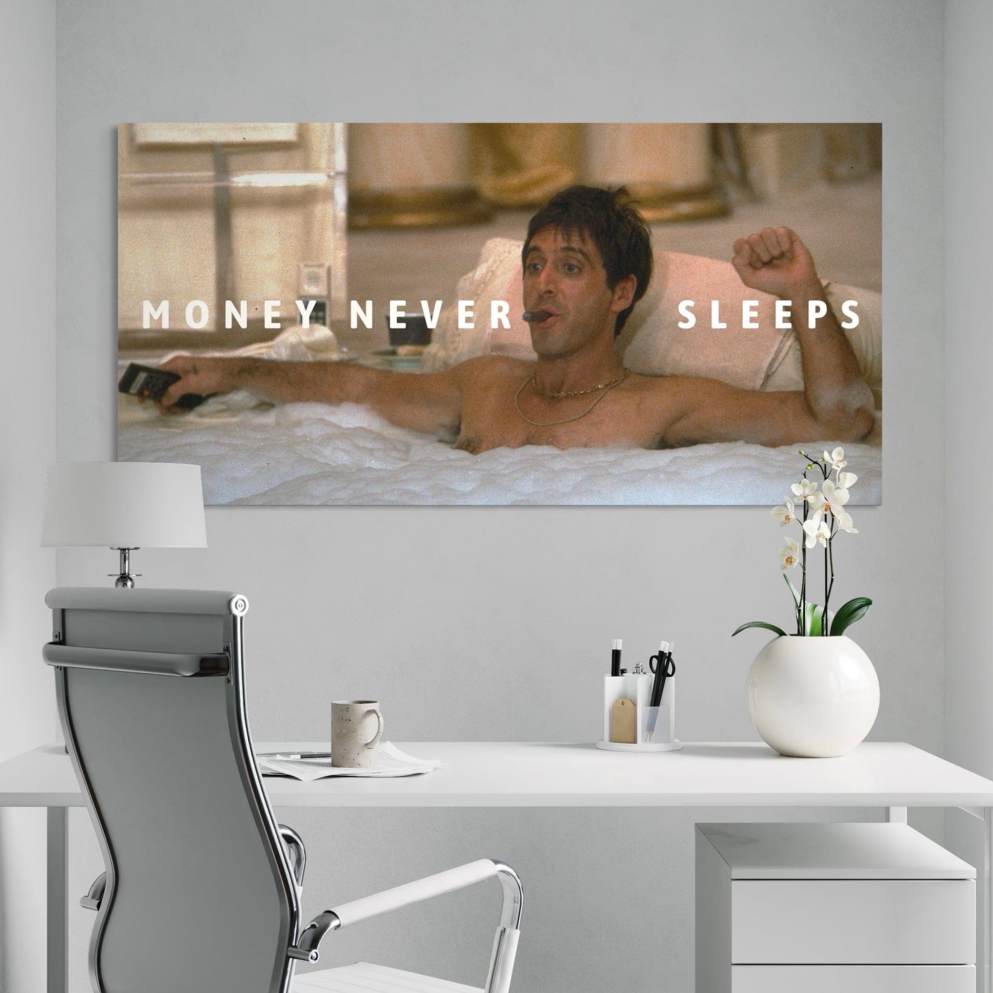 Money Never Sleeps premium canvas – motivational quote artwork inspired by Tony Montana lifestyle