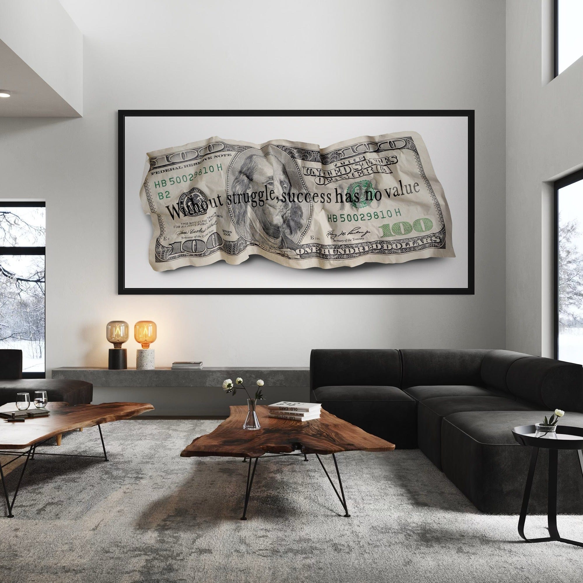 Living room with a framed dollar bill artwork on the wall