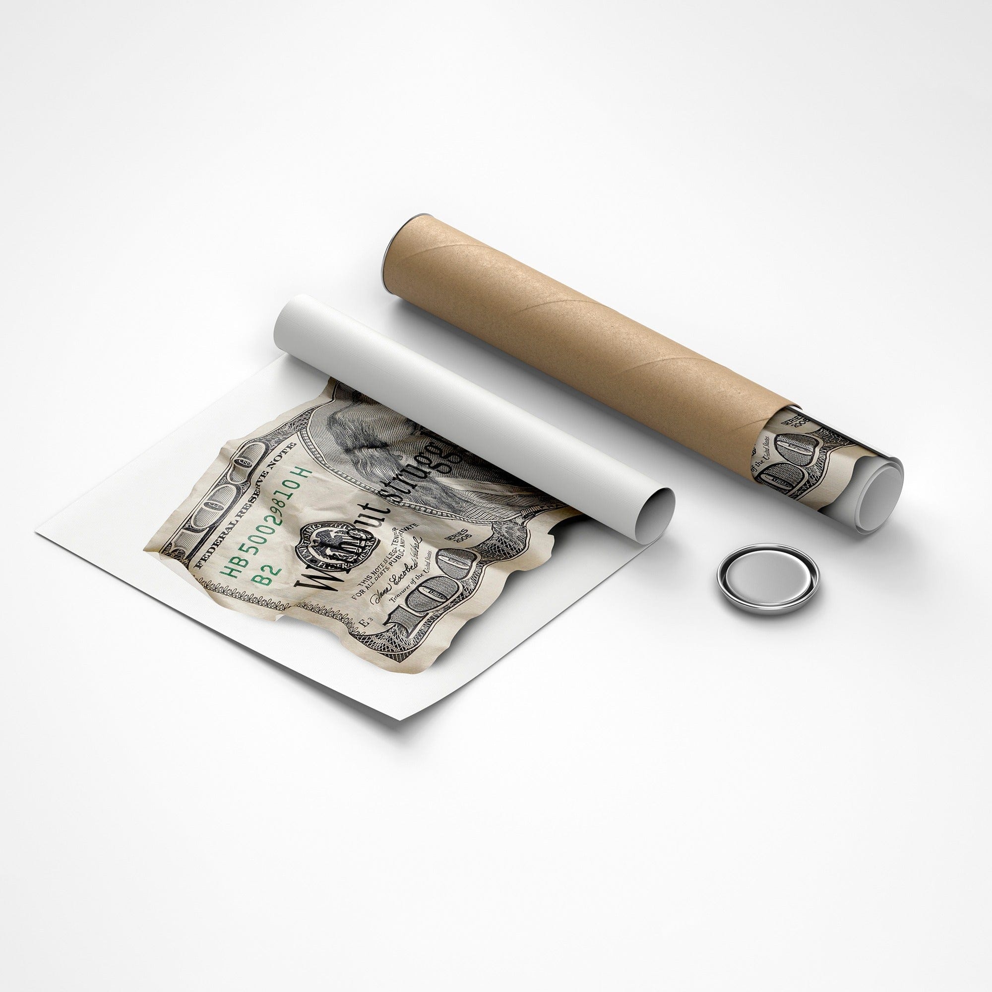 Roll of paper with a dollar bill design, a cylindrical object, and a metallic button on a white background.