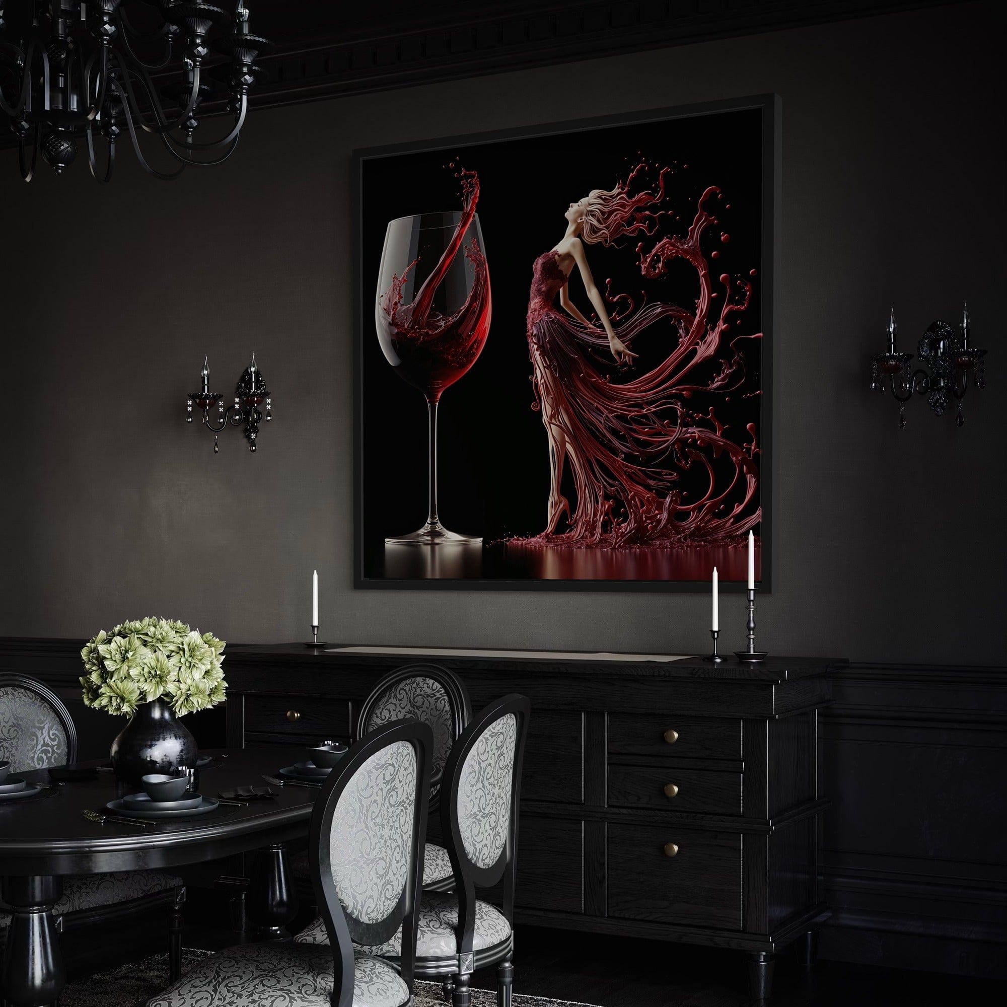 Stylish wine bar interior mockup with red wine wall decor