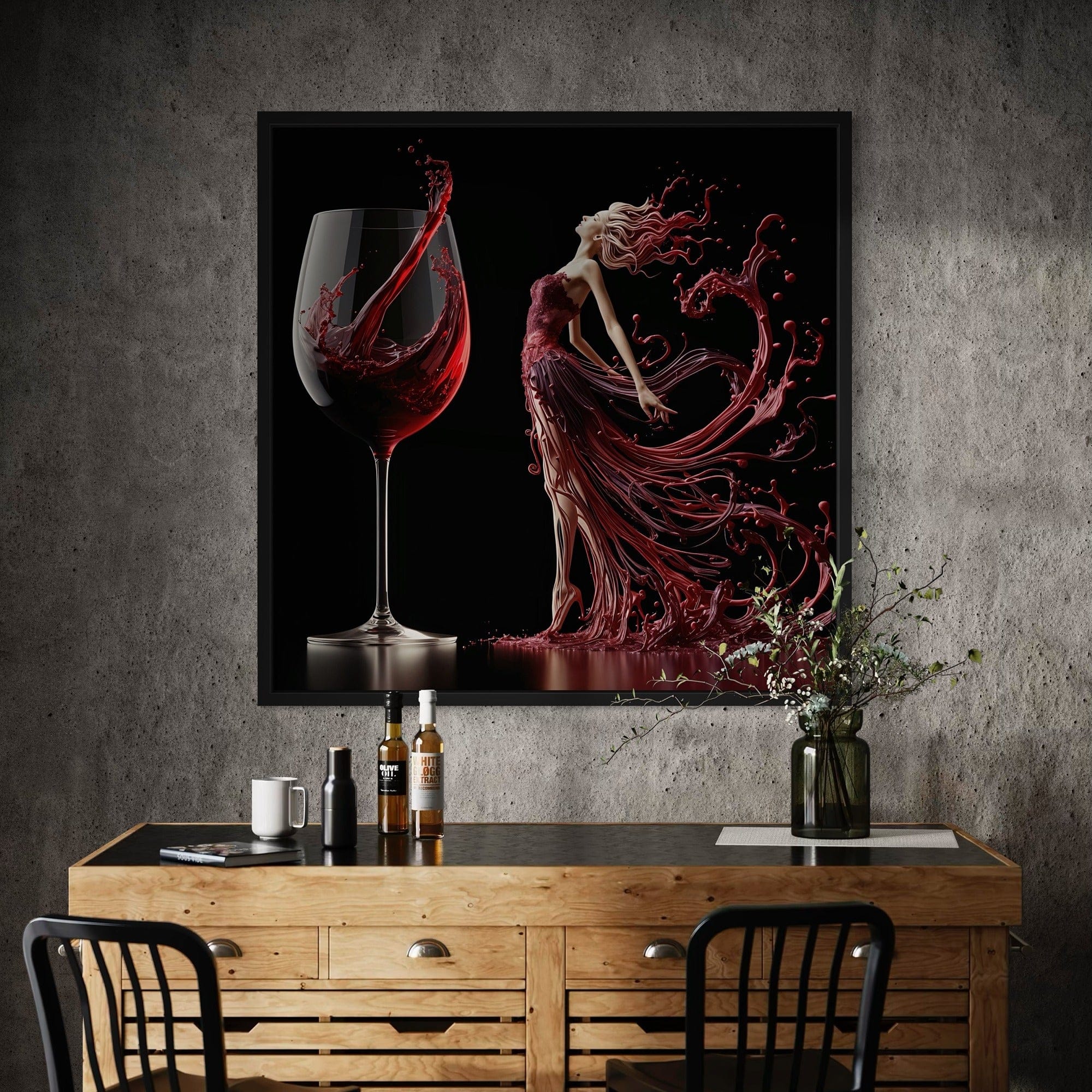 Square format wine lover wall art for minimalist dining room interior design