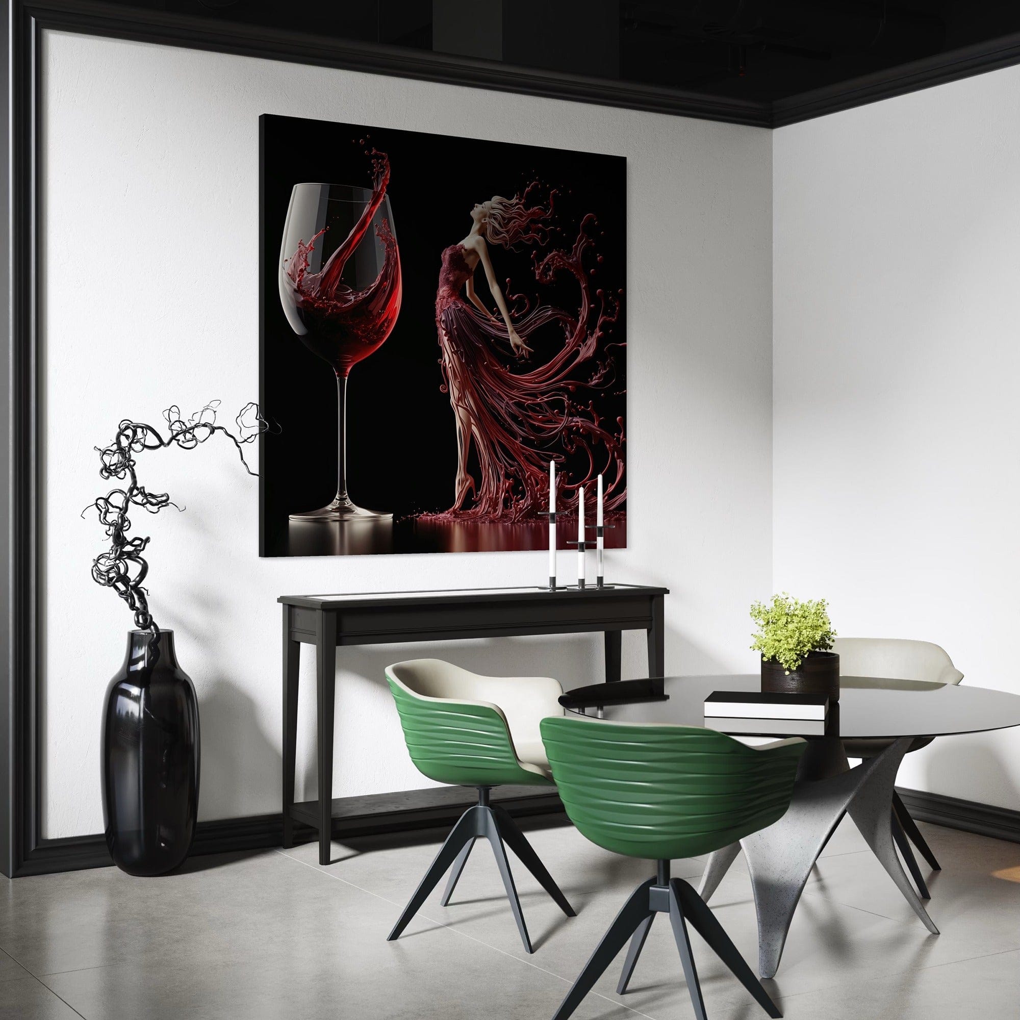 Side angle view of elegant wine decor canvas wall art