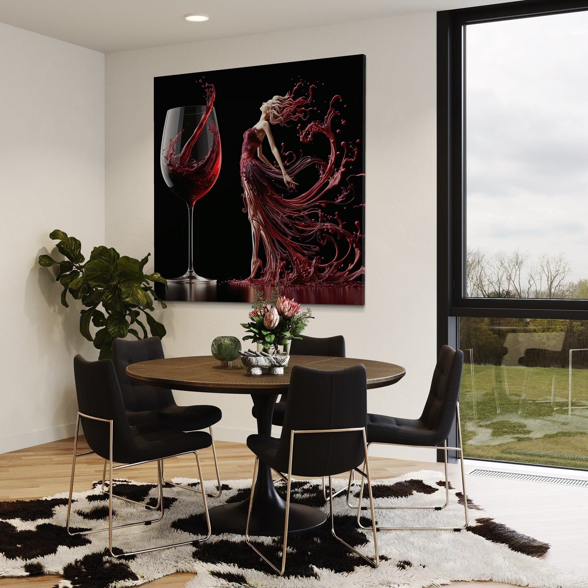 Detailed texture of flowing red wine splash and glass illustration on canvas