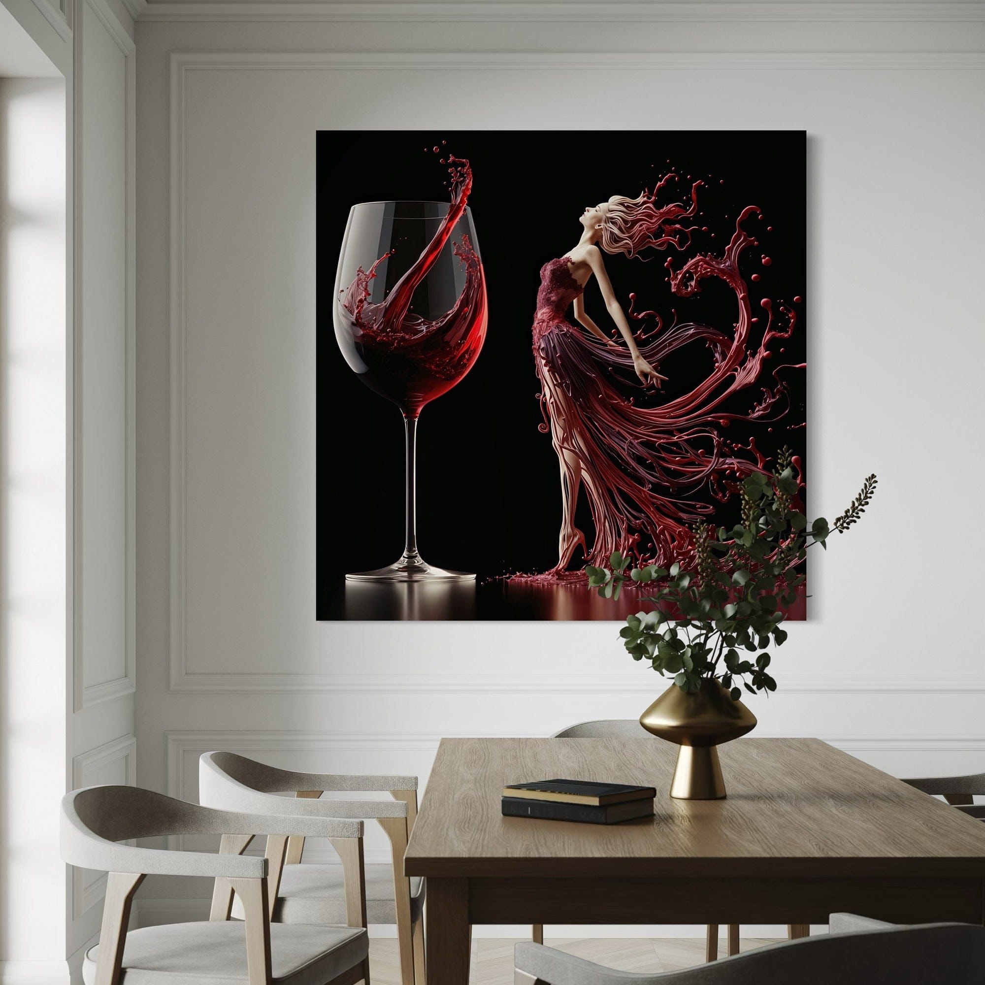 Large wine canvas art showing scale above modern dining setup