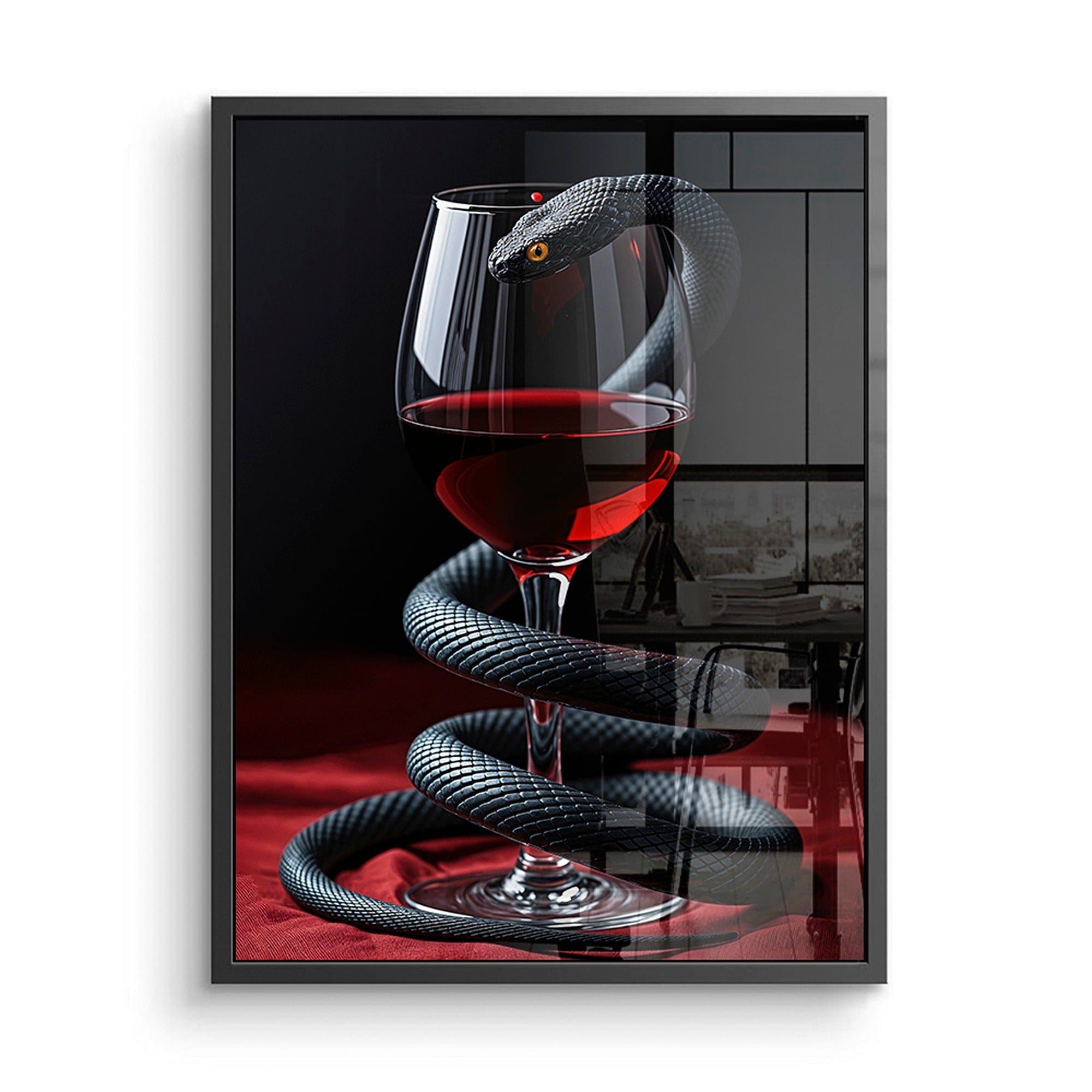 Close up detail of black snake texture and red wine glass on dark background canvas print